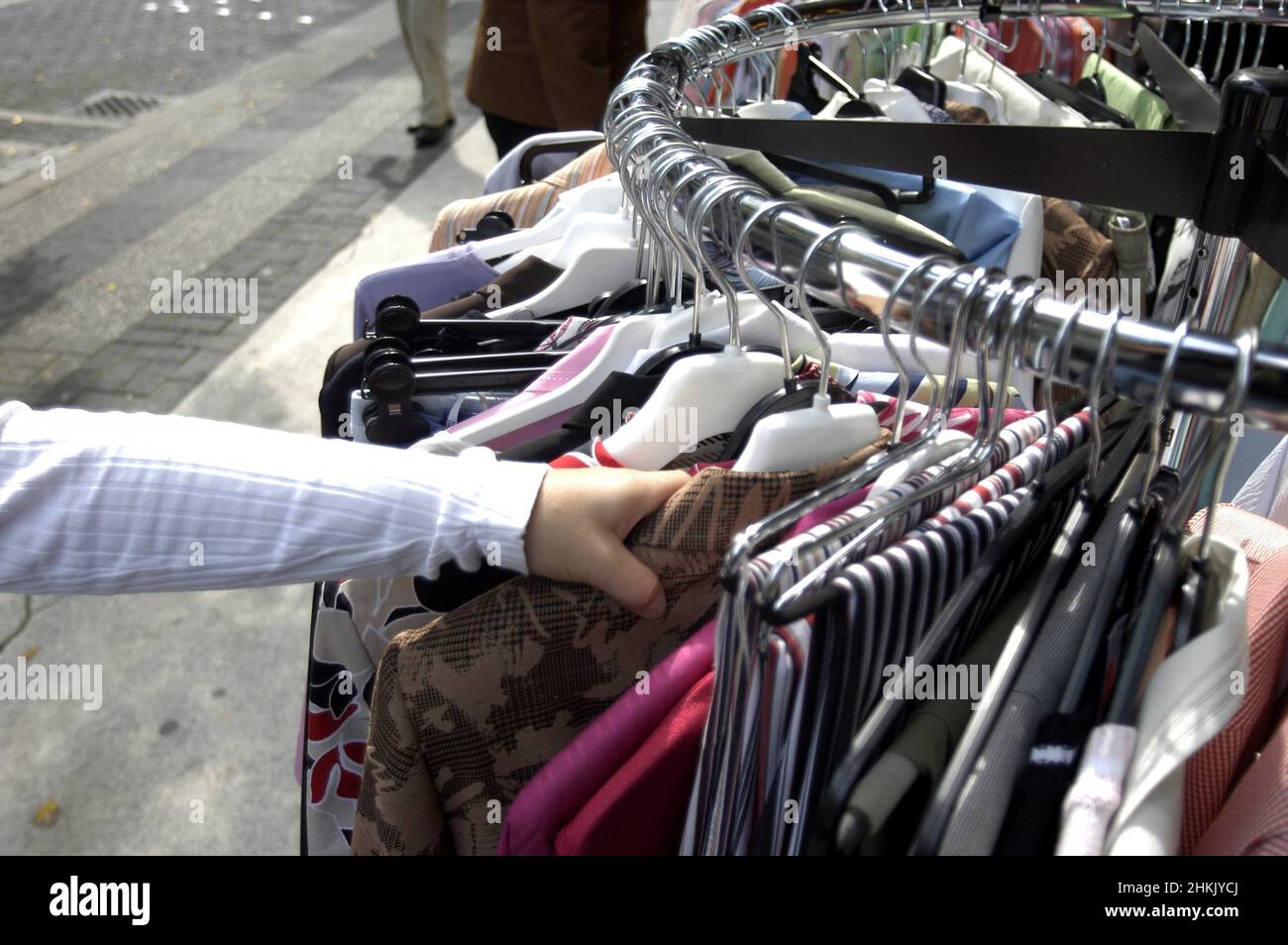Clothes stands at the roadside, clothes on sale, Germany Stock Photo