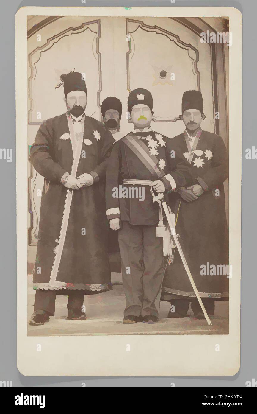 Art inspired by Mohammad 'Ali Shah with Mirza Mohammad Ebrahim Khan, the Moavin al-Dowleh, and Company, One of 274 Vintage Photographs, Albumen silver photograph, before 1907, Qajar, Qajar Period, Photo: 8 3/8 x 6 1/4 in., 21.3 x 15.9 cm;, albumen silver photograph, carte de visite, Classic works modernized by Artotop with a splash of modernity. Shapes, color and value, eye-catching visual impact on art. Emotions through freedom of artworks in a contemporary way. A timeless message pursuing a wildly creative new direction. Artists turning to the digital medium and creating the Artotop NFT Stock Photo
