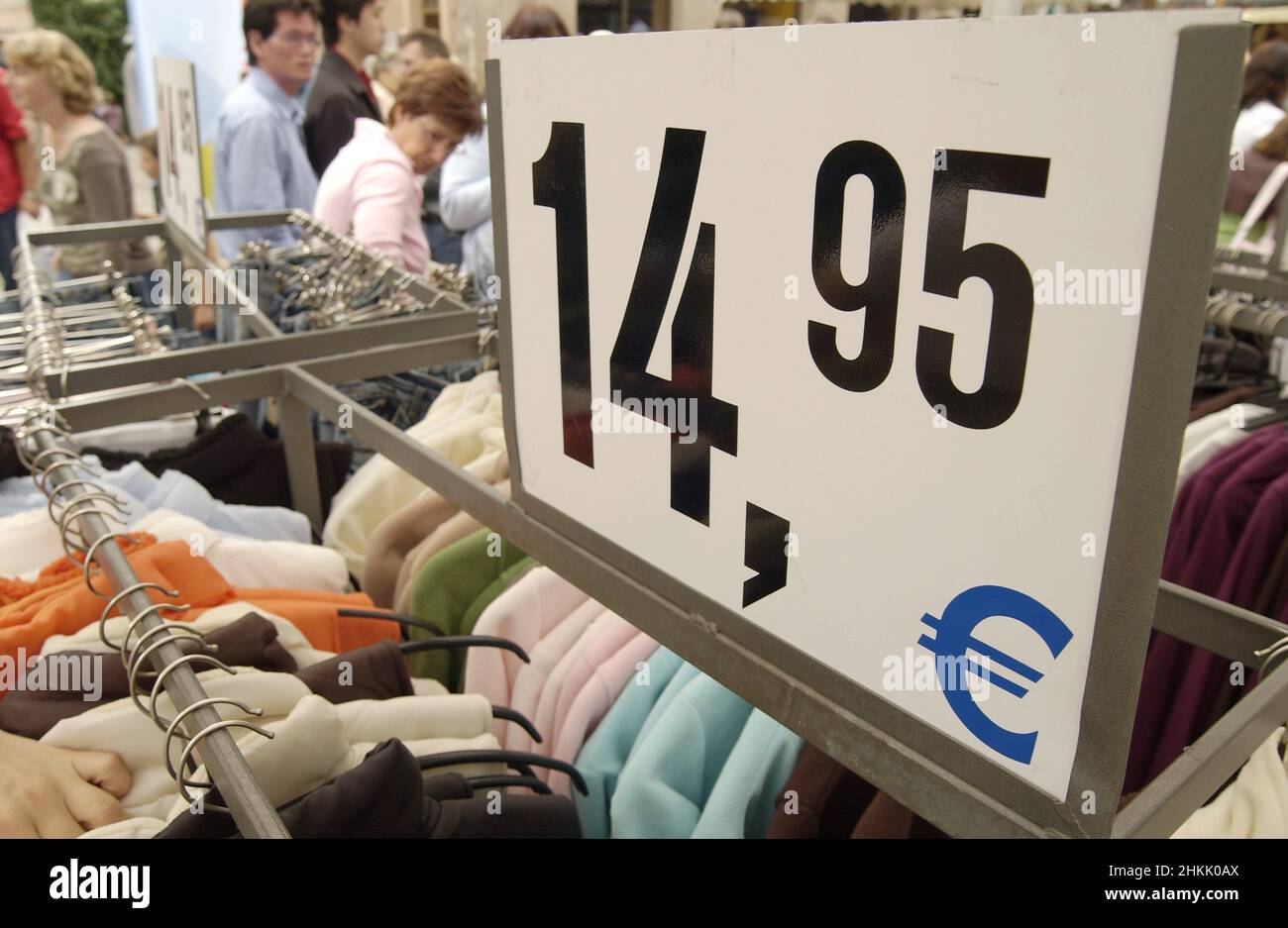 price tag on clothes rack in clothing store, Germany Stock Photo