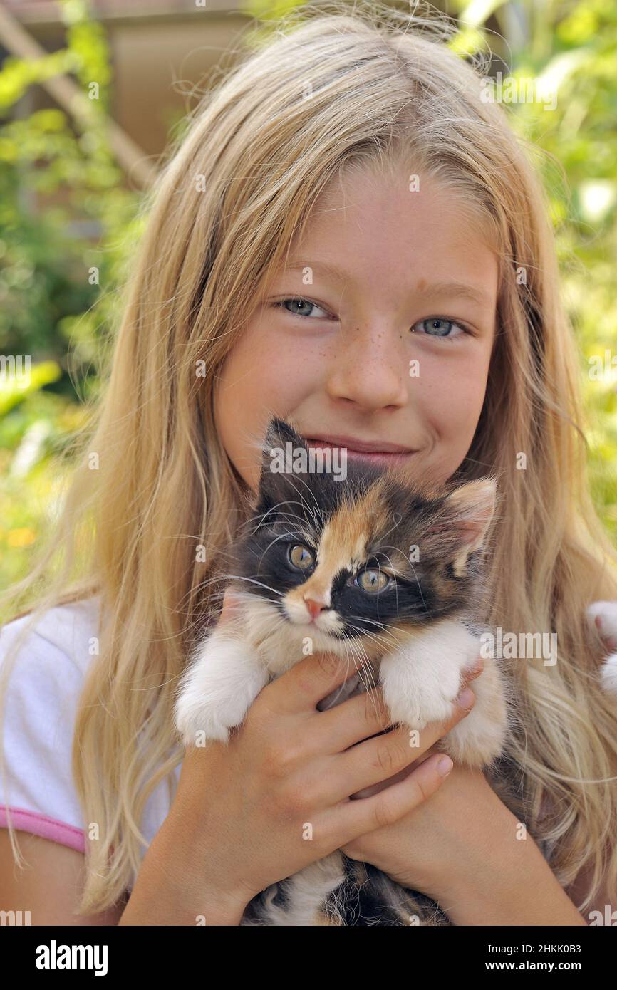 domestic cat, house cat (Felis silvestris f. catus), little blonde girl