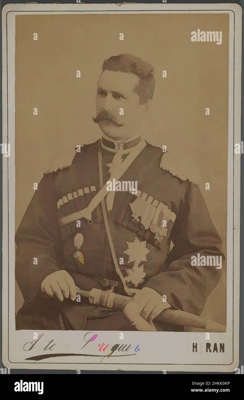 Art inspired by One of 274 Vintage Photographs, Photograph, late 19th-early 20th century, Qajar, Qajar Period, 6 3/8 x 4 5/16 in., 16.2 x 11 cm, 19th century, carte de visite, cartes, de, formal, man, medals, moustache, photograph, photography, portrait, Qajar, sword, Tehran, uniform, Classic works modernized by Artotop with a splash of modernity. Shapes, color and value, eye-catching visual impact on art. Emotions through freedom of artworks in a contemporary way. A timeless message pursuing a wildly creative new direction. Artists turning to the digital medium and creating the Artotop NFT Stock Photo