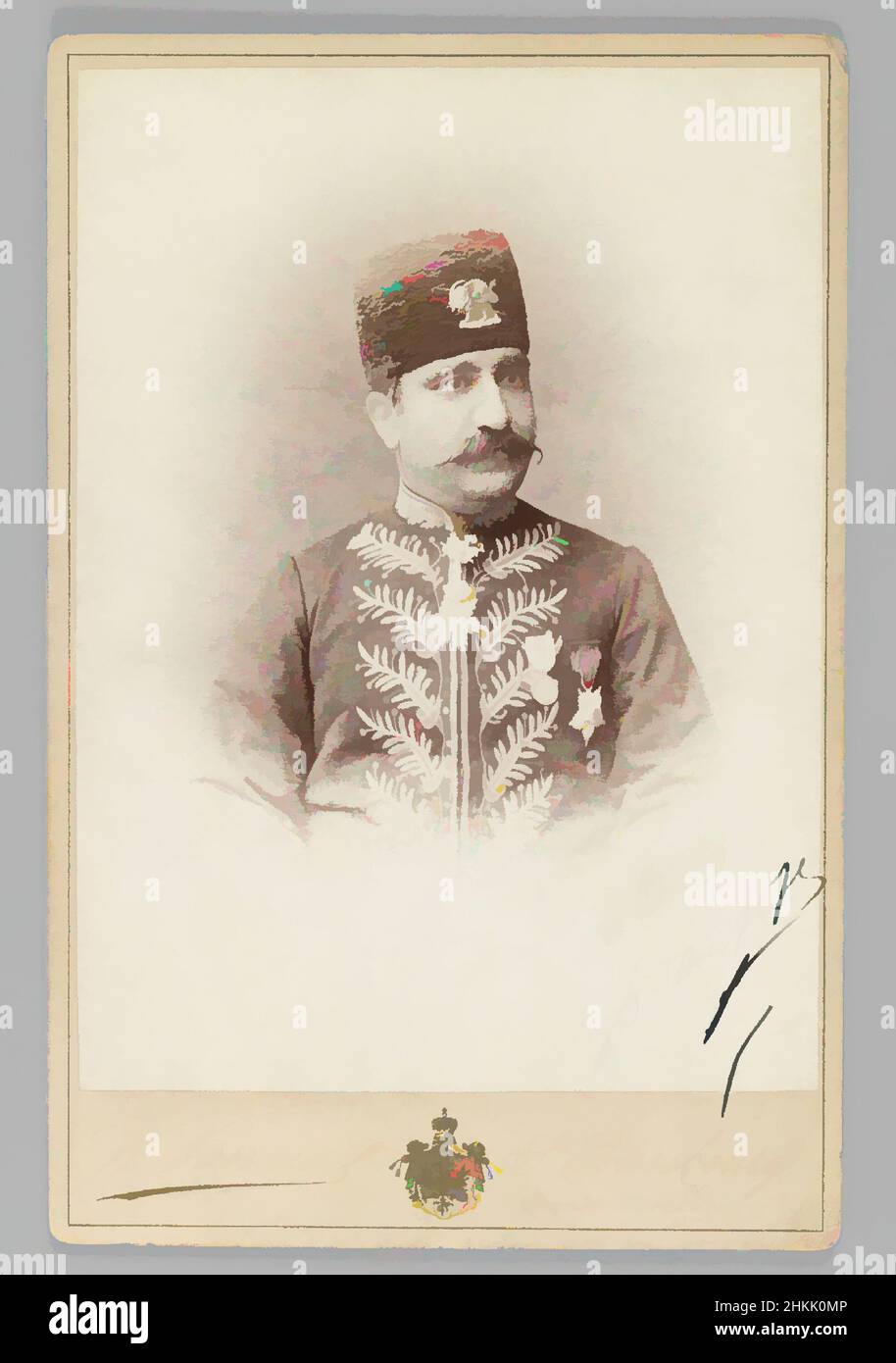 Art inspired by One of 274 Vintage Photographs, Gelatin silver printing out paper, 1875, Qajar, Qajar Period, Photo: 5 1/2 x 4 in., 13.9 x 10.1 cm;, cartes de visite, military, moustache, photograph, photography, Qajar, Russia, St. Petersburg, Classic works modernized by Artotop with a splash of modernity. Shapes, color and value, eye-catching visual impact on art. Emotions through freedom of artworks in a contemporary way. A timeless message pursuing a wildly creative new direction. Artists turning to the digital medium and creating the Artotop NFT Stock Photo