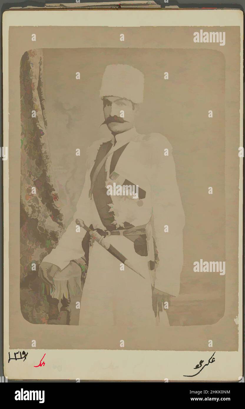 Art inspired by One of 274 Vintage Photographs, Photograph, late 19th-early 20th century, Qajar, Qajar Period, 6 5/16 x 4 1/8 in., 16 x 10.5 cm, carte de visite, hat, Iran, medals, Middle East, military, moustache, persian script, photograph, portrait, qajar, studio, sword, Classic works modernized by Artotop with a splash of modernity. Shapes, color and value, eye-catching visual impact on art. Emotions through freedom of artworks in a contemporary way. A timeless message pursuing a wildly creative new direction. Artists turning to the digital medium and creating the Artotop NFT Stock Photo
