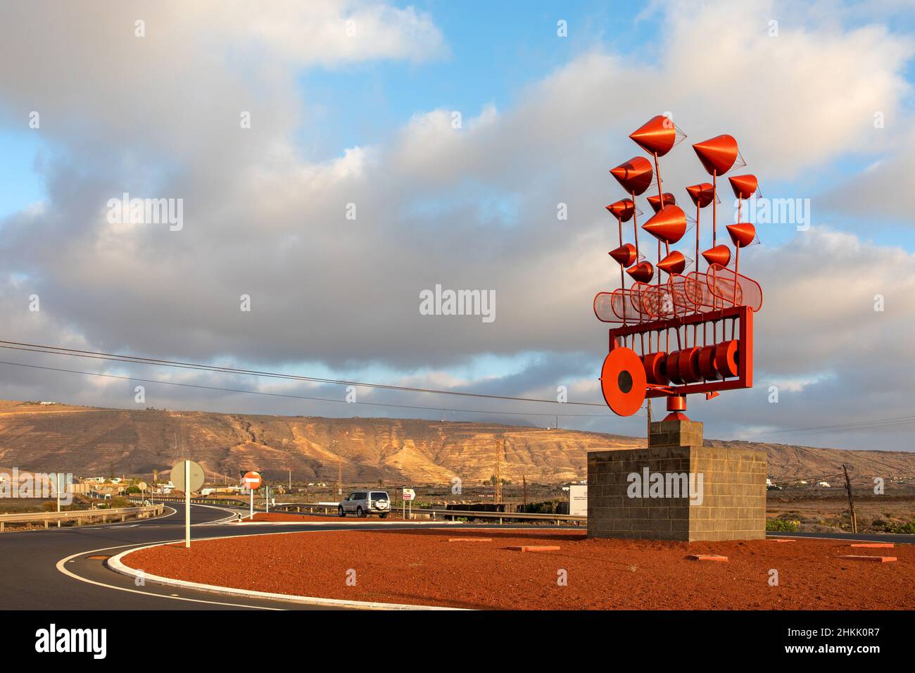 traffic circle with wind sculpture by Cesar Manrique, Canary Islands, Lanzarote, Arrieta Stock Photo