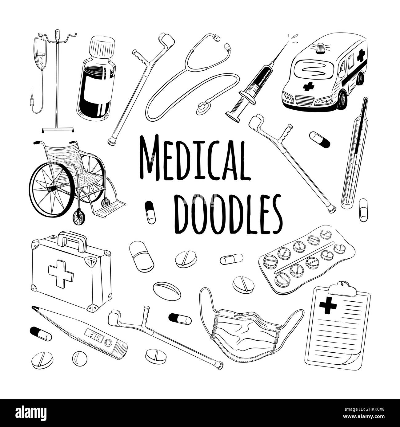 Medical doodles set. Hand drawn clinic stuff in sketchy vintage style on white background. Vector illustration. Stock Vector