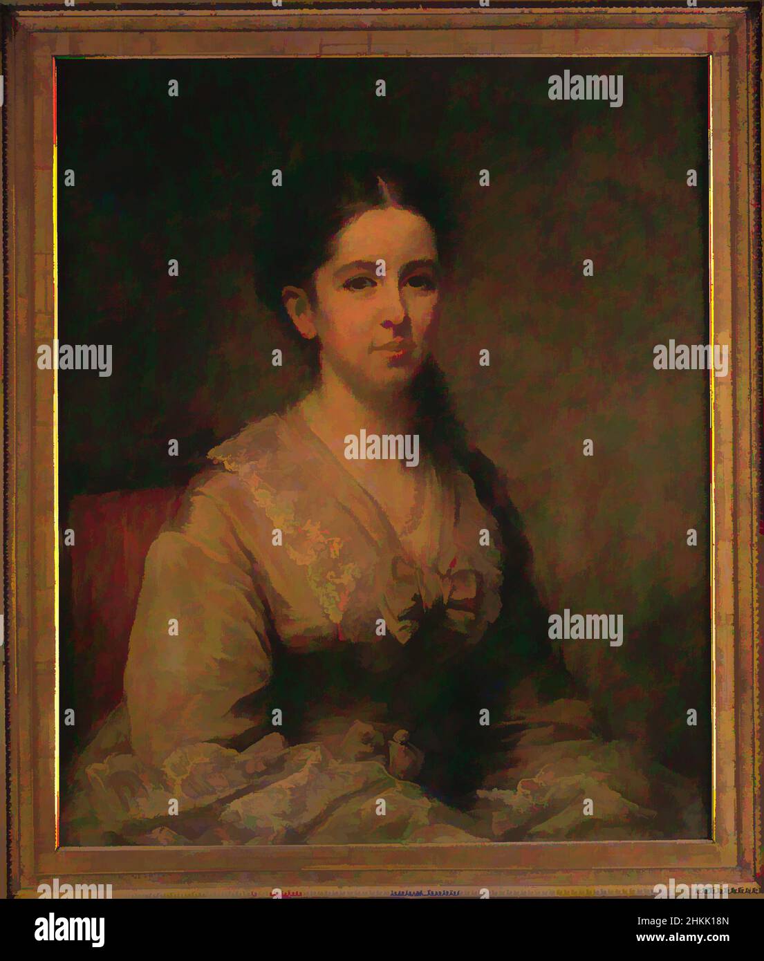 Art inspired by Ella M. Clapp Southwick, George Augustus Baker Jr., American, 1821-1880, Oil on canvas, 1869, 30 x 24 7/8in., 76.2 x 63.2cm, 1869, bow, brown, dress, earring, female figure, girl, lace, painting, portrait, seated, Classic works modernized by Artotop with a splash of modernity. Shapes, color and value, eye-catching visual impact on art. Emotions through freedom of artworks in a contemporary way. A timeless message pursuing a wildly creative new direction. Artists turning to the digital medium and creating the Artotop NFT Stock Photo