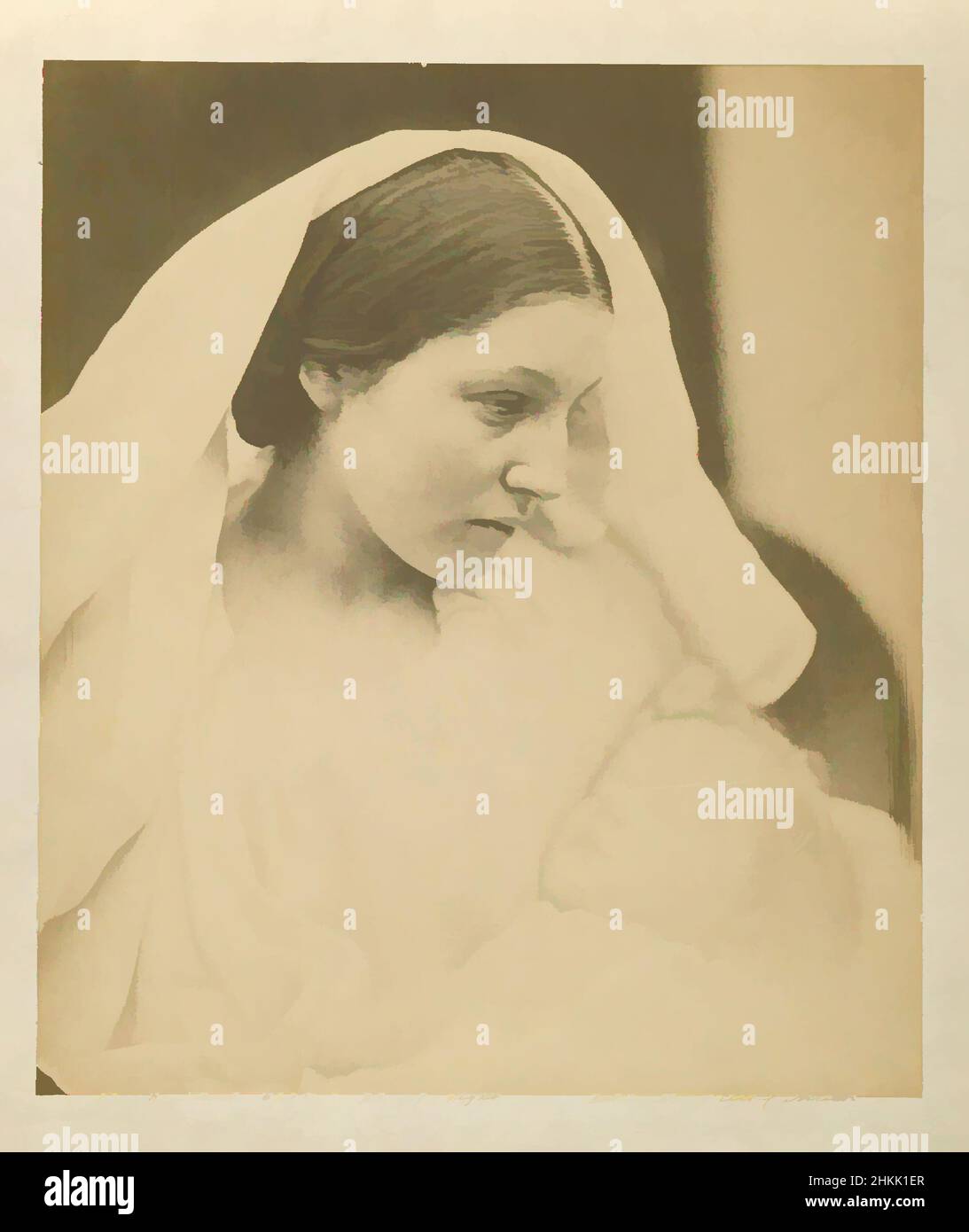 Art inspired by La Madonna Riposata/ Resting in Hope, Julia Margaret Cameron, British, born India, 1815-1879, Albumen silver photograph, 1864, Image: 9 1/2 x 8 in., 24.1 x 20.3 cm, 19thC, b/w, child, early photography, female photographer, Madonna, woman artist, young woman, Classic works modernized by Artotop with a splash of modernity. Shapes, color and value, eye-catching visual impact on art. Emotions through freedom of artworks in a contemporary way. A timeless message pursuing a wildly creative new direction. Artists turning to the digital medium and creating the Artotop NFT Stock Photo