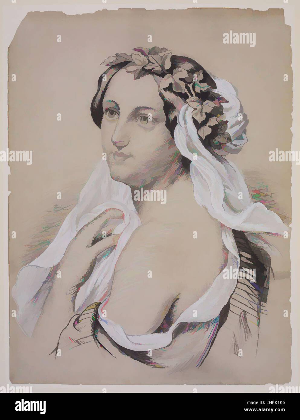 Art inspired by Portrait of a Woman Adorned with a Wreath of Leaves, Jane E. Sloan, White chalk and black media, probably oil pastel or conté over graphite on wove paper drymounted to a matboard backing, 19th century, Sheet: 18 x 13 1/2 in., 45.7 x 34.3 cm, 19th Century, beauty, female, Classic works modernized by Artotop with a splash of modernity. Shapes, color and value, eye-catching visual impact on art. Emotions through freedom of artworks in a contemporary way. A timeless message pursuing a wildly creative new direction. Artists turning to the digital medium and creating the Artotop NFT Stock Photo