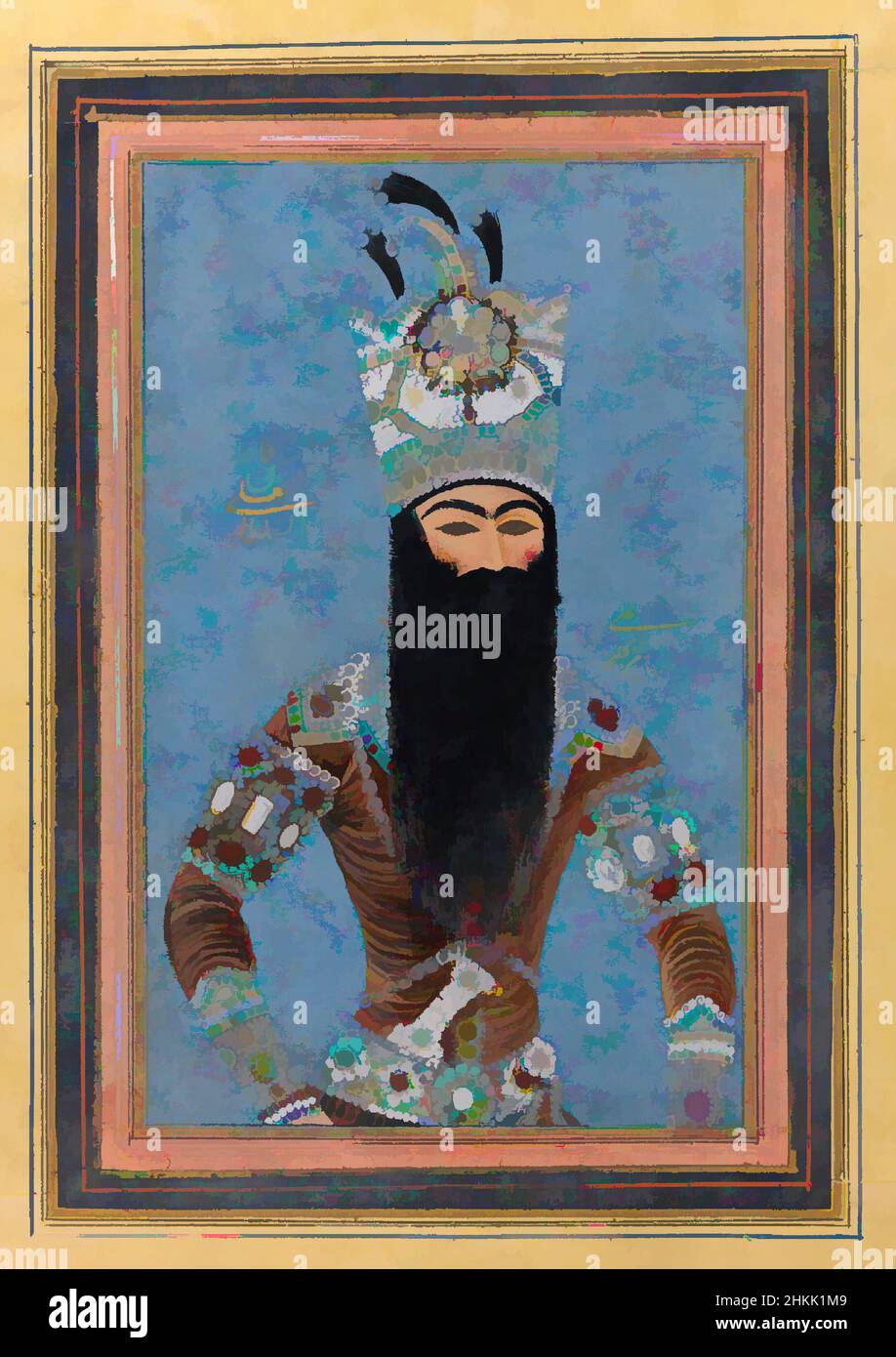 Art inspired by Portrait of Fath 'Ali Shah Qajar, Mihr 'Ali, Iranian, active ca. 1800-1830, Ink, opaque watercolor, and gold on paper, Iran, 1815, Qajar, Qajar Period, 3 1/2 x 5 in., 8.9 x 12.7 cm, beard, blue, iran, king, long beard, monarch, persia, persian, qajar, shah, Classic works modernized by Artotop with a splash of modernity. Shapes, color and value, eye-catching visual impact on art. Emotions through freedom of artworks in a contemporary way. A timeless message pursuing a wildly creative new direction. Artists turning to the digital medium and creating the Artotop NFT Stock Photo