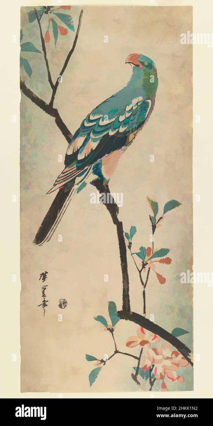 Art inspired by Green Parrot on a branch with red flowers, Utagawa Hiroshige, Ando, Japanese, 1797-1858, Woodblock print, Japan, ca. 1830, Edo Period, Image: 14 3/8 x 6 7/16 in., 36.5 x 16.3 cm, Ando, animal, animal study, bird, blossom, branch, calmness, fauna, flora, green, harmony, Classic works modernized by Artotop with a splash of modernity. Shapes, color and value, eye-catching visual impact on art. Emotions through freedom of artworks in a contemporary way. A timeless message pursuing a wildly creative new direction. Artists turning to the digital medium and creating the Artotop NFT Stock Photo