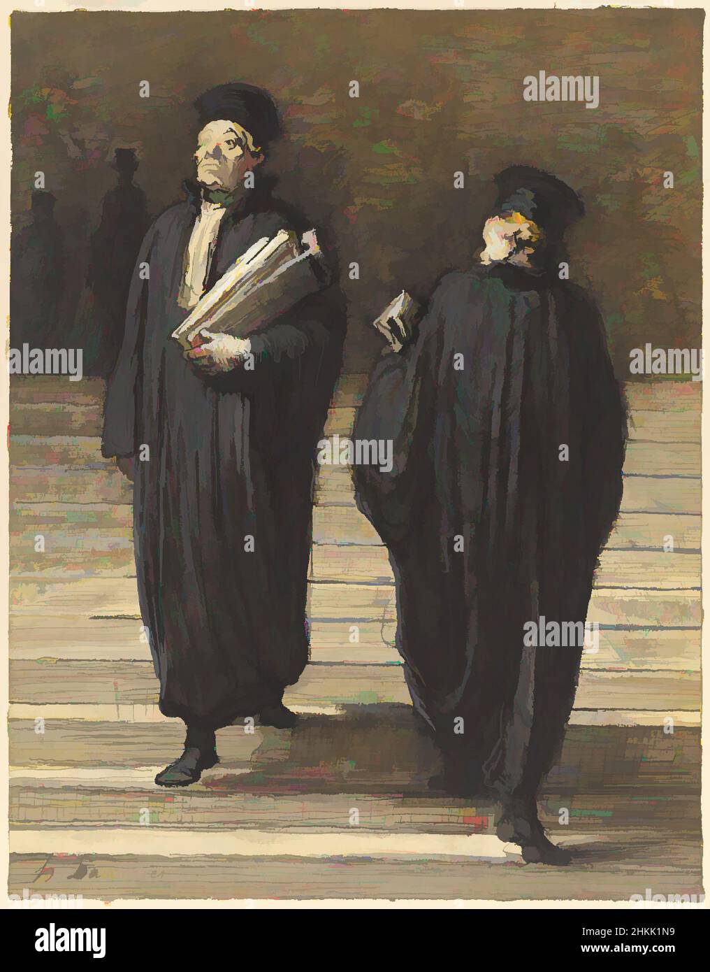 Art inspired by The Two Colleagues, Lawyers, Les deux confrères [Avocats], Honoré Daumier, French, 1808-1879, Opaque and transparent watercolor, black ink, and charcoal on wove paper, France, 1865-1870, sheet: 10 × 7 13/16 in., 25.4 × 19.8 cm, amusing, caricature, class, daumier, french, Classic works modernized by Artotop with a splash of modernity. Shapes, color and value, eye-catching visual impact on art. Emotions through freedom of artworks in a contemporary way. A timeless message pursuing a wildly creative new direction. Artists turning to the digital medium and creating the Artotop NFT Stock Photo