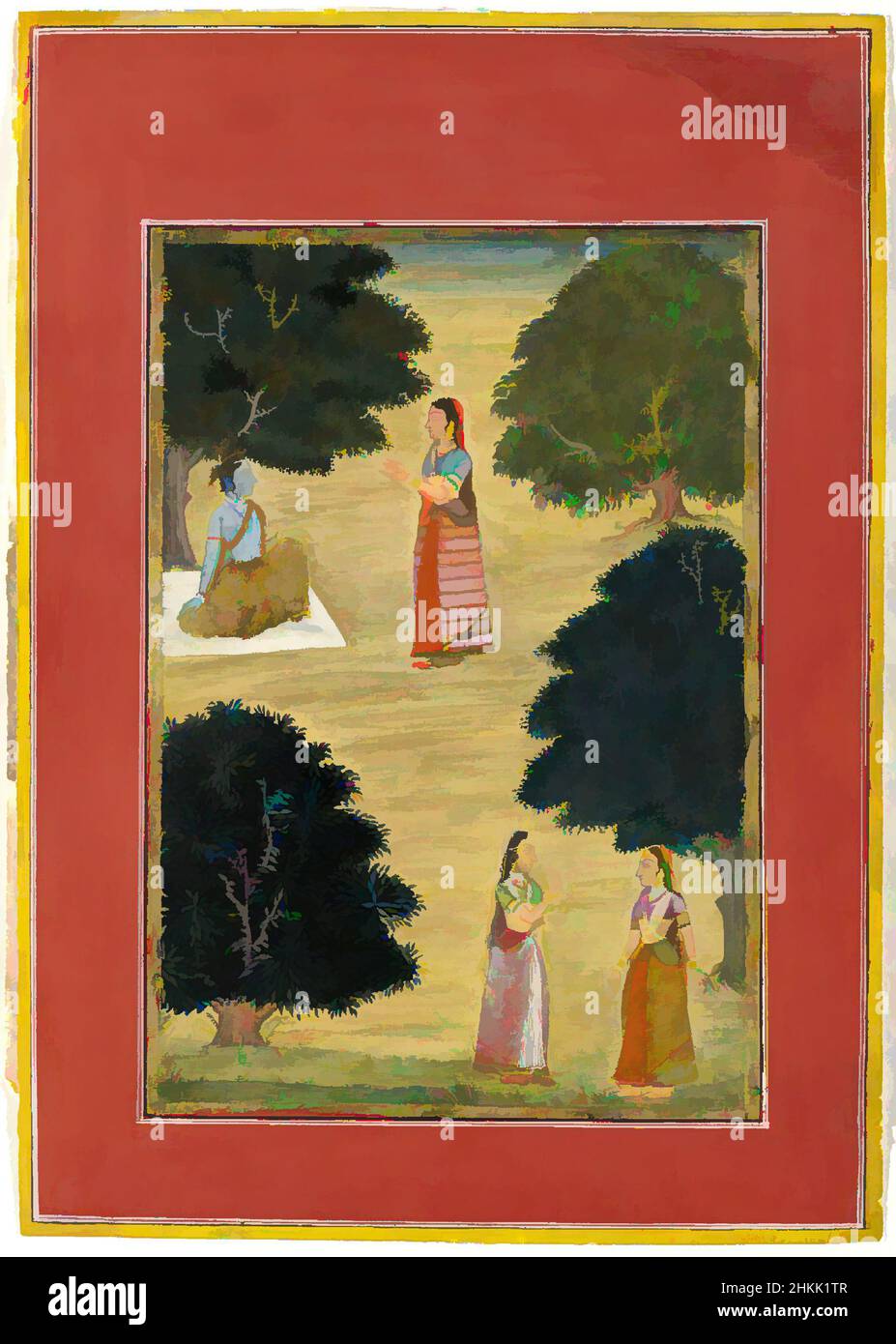 Art inspired by Krishna and Radha, Ruknudin, Opaque watercolor on paper, Bikaner, Rajasthan, India, 1684, Image: 10 5/8 x 7 5/8 in., 27 x 19.3 cm, 1690, figures, gold, India, Indian, Northern India, opaque watercolor, painting, paper, radha, Satasai, trees, watercolor, Classic works modernized by Artotop with a splash of modernity. Shapes, color and value, eye-catching visual impact on art. Emotions through freedom of artworks in a contemporary way. A timeless message pursuing a wildly creative new direction. Artists turning to the digital medium and creating the Artotop NFT Stock Photo
