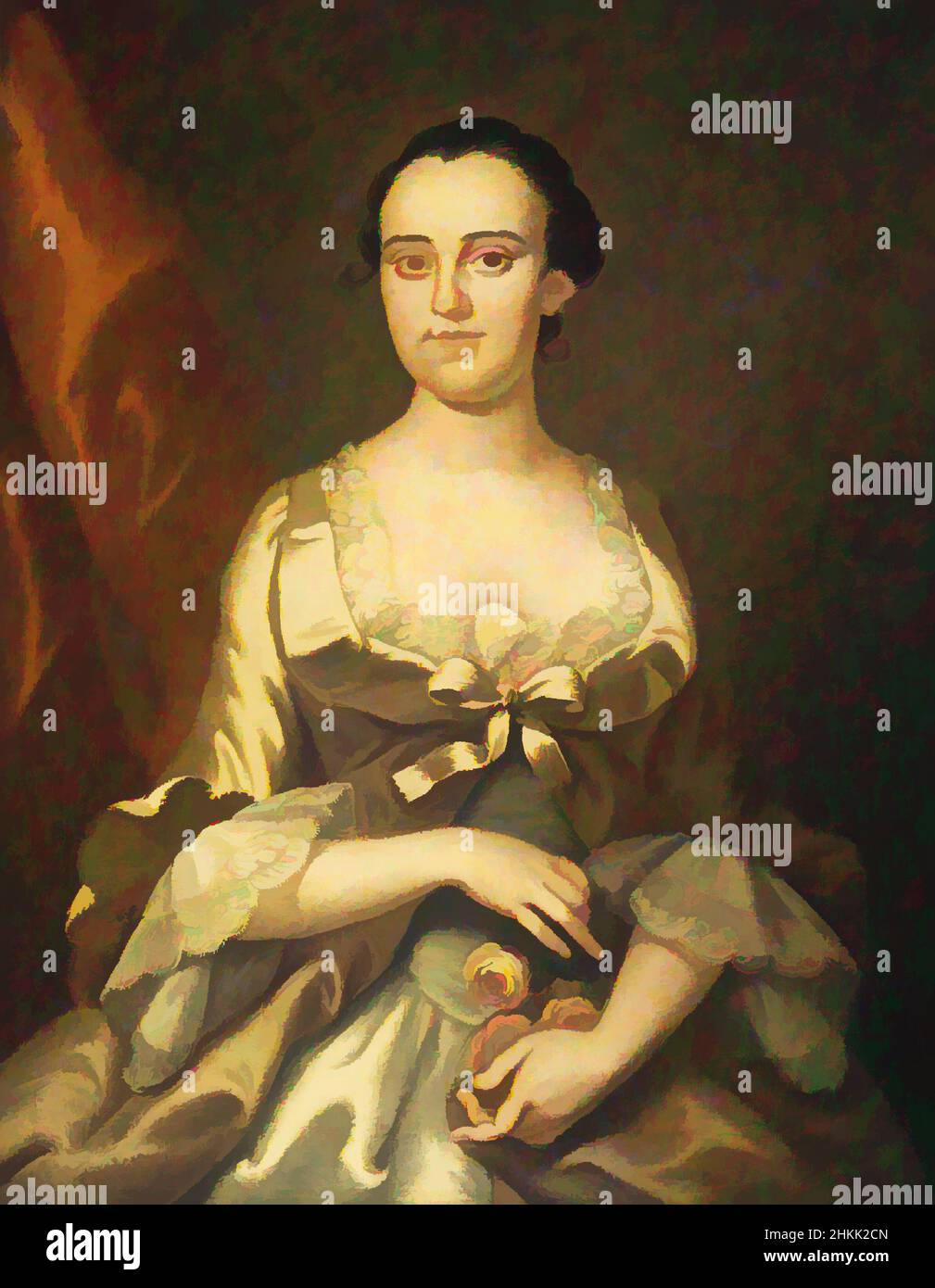 Art inspired by Mrs. William Allen, John Wollaston, ca. 1710-after 1775, Oil on canvas, ca. 1756, 35 7/8 x 28 5/8 in., 91.2 x 72.7 cm, American art, Colonial American lady, female figure, mid 18th century women's costume, oil on canvas, painting, portrait, Pre-revolutionary portrait, Classic works modernized by Artotop with a splash of modernity. Shapes, color and value, eye-catching visual impact on art. Emotions through freedom of artworks in a contemporary way. A timeless message pursuing a wildly creative new direction. Artists turning to the digital medium and creating the Artotop NFT Stock Photo