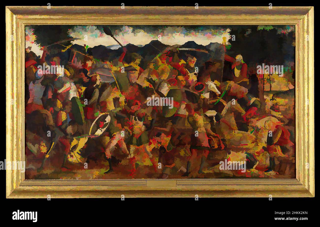 Art inspired by A Battle Scene, North Italian School, possibly Vicenza or Padua, Tempera and oil on canvas, Italy, ca. 1500, 24 x 42 1/2 in., 61 x 108 cm, battle, bloody, bodies, death, mace, shields, swords, violence, weapons, Classic works modernized by Artotop with a splash of modernity. Shapes, color and value, eye-catching visual impact on art. Emotions through freedom of artworks in a contemporary way. A timeless message pursuing a wildly creative new direction. Artists turning to the digital medium and creating the Artotop NFT Stock Photo