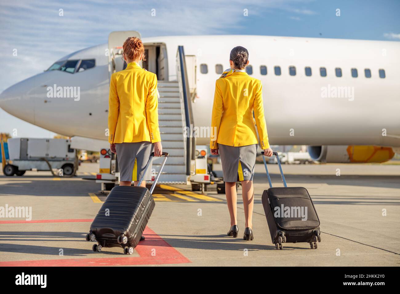 Back view of women flight attendants with trolley luggage bags walking down airfield and heading to passenger airplane Stock Photo
