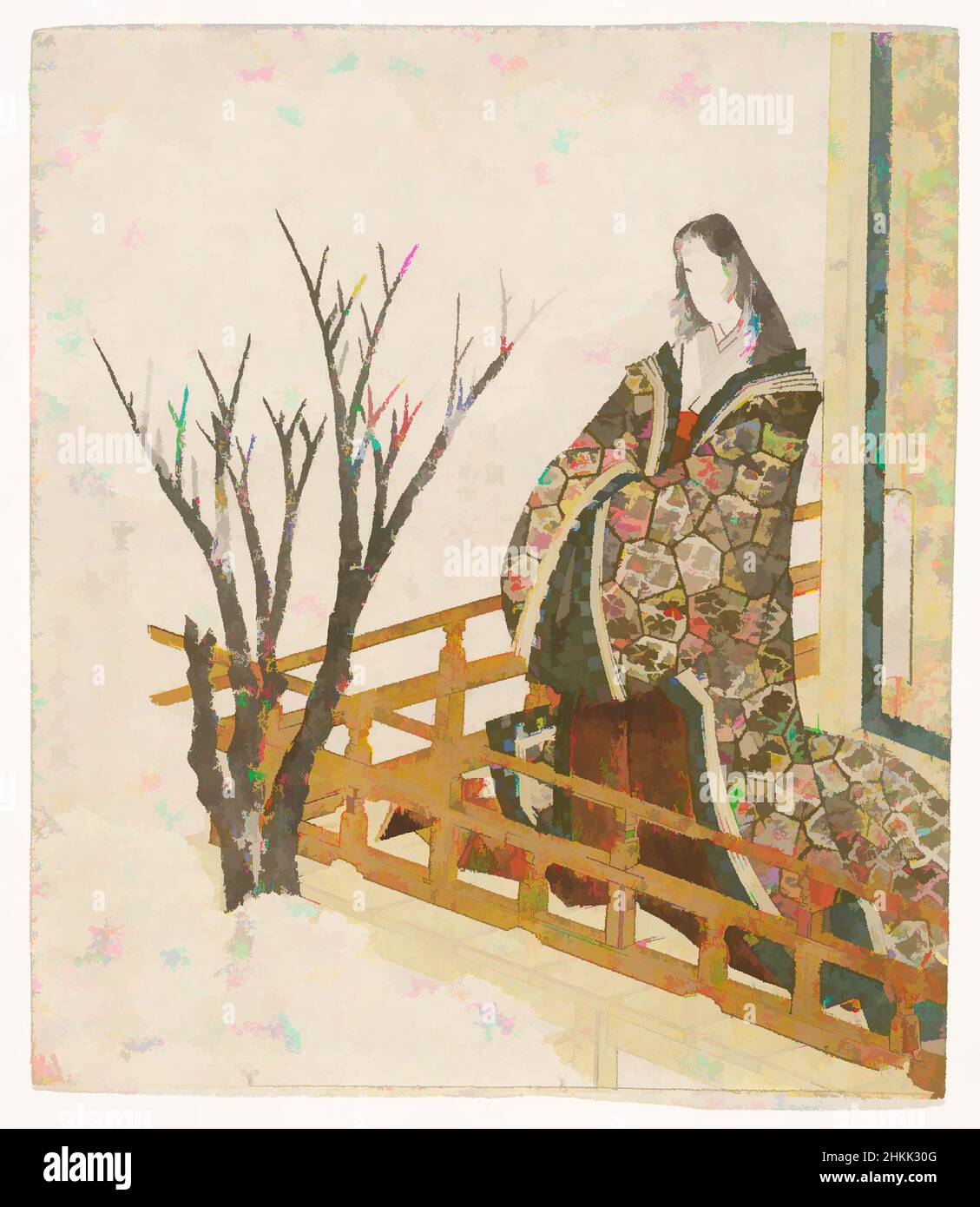 Art inspired by A Court Lady Viewing Cherry Blossoms, Yashima Gakutei, Japanese, 1786?-1868, Color woodblock print on paper, Japan, ca. 1822, Edo Period, Sheet: 8 3/8 x 7 1/4 in., 21.3 x 18.4 cm, balcony, cherry blossom, Lady, Classic works modernized by Artotop with a splash of modernity. Shapes, color and value, eye-catching visual impact on art. Emotions through freedom of artworks in a contemporary way. A timeless message pursuing a wildly creative new direction. Artists turning to the digital medium and creating the Artotop NFT Stock Photo