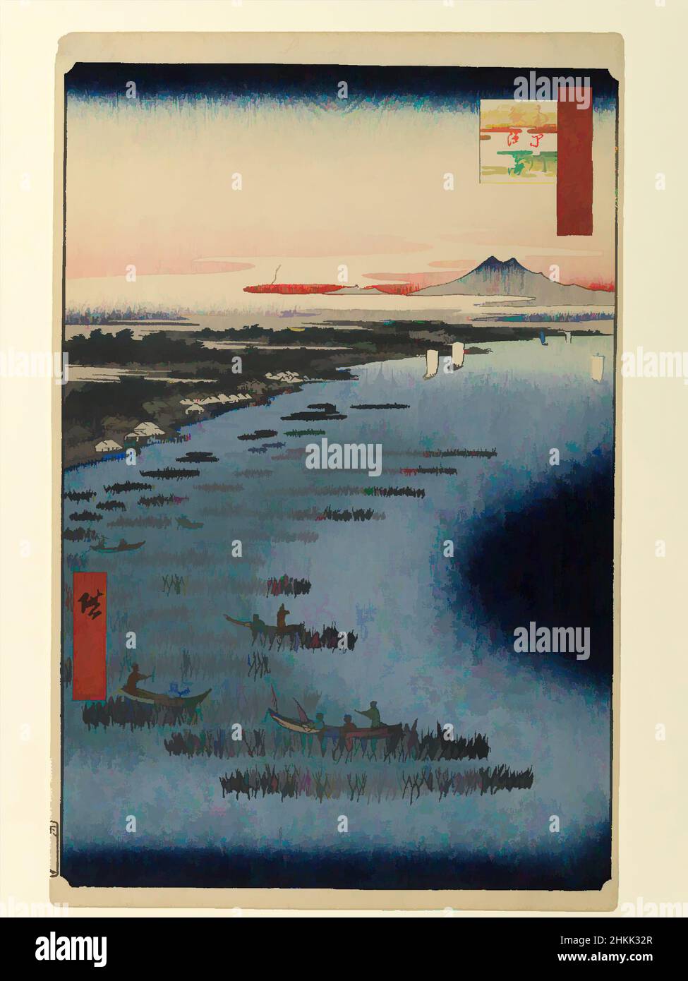 Art inspired by Minami-Shinagawa and Samezu Coast, No. 109 from One Hundred Famous Views of Edo, Utagawa Hiroshige, Ando, Japanese, 1797-1858, Woodblock print, Japan, 2nd month of 1857, Edo Period, Ansei Era, Sheet: 14 3/16 x 9 1/4 in., 36 x 23.5 cm, 19th Century, 19thC, birds, boats, Classic works modernized by Artotop with a splash of modernity. Shapes, color and value, eye-catching visual impact on art. Emotions through freedom of artworks in a contemporary way. A timeless message pursuing a wildly creative new direction. Artists turning to the digital medium and creating the Artotop NFT Stock Photo