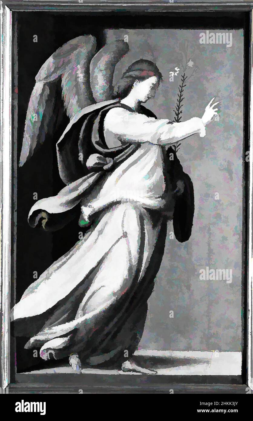 Art inspired by Angel Annunciate; Virgin Annunciate, Style of Mariotto Albertinelli, Italian, Florentine, 1474-1515, Tempera on panels, Italy, 16th century, Each: 11 1/2 x 7 1/2 in., 29.2 x 19.1 cm, angel, Angel Annunciate, diptych, Florentine, Italian, lily, Virgin Annunciate, Classic works modernized by Artotop with a splash of modernity. Shapes, color and value, eye-catching visual impact on art. Emotions through freedom of artworks in a contemporary way. A timeless message pursuing a wildly creative new direction. Artists turning to the digital medium and creating the Artotop NFT Stock Photo