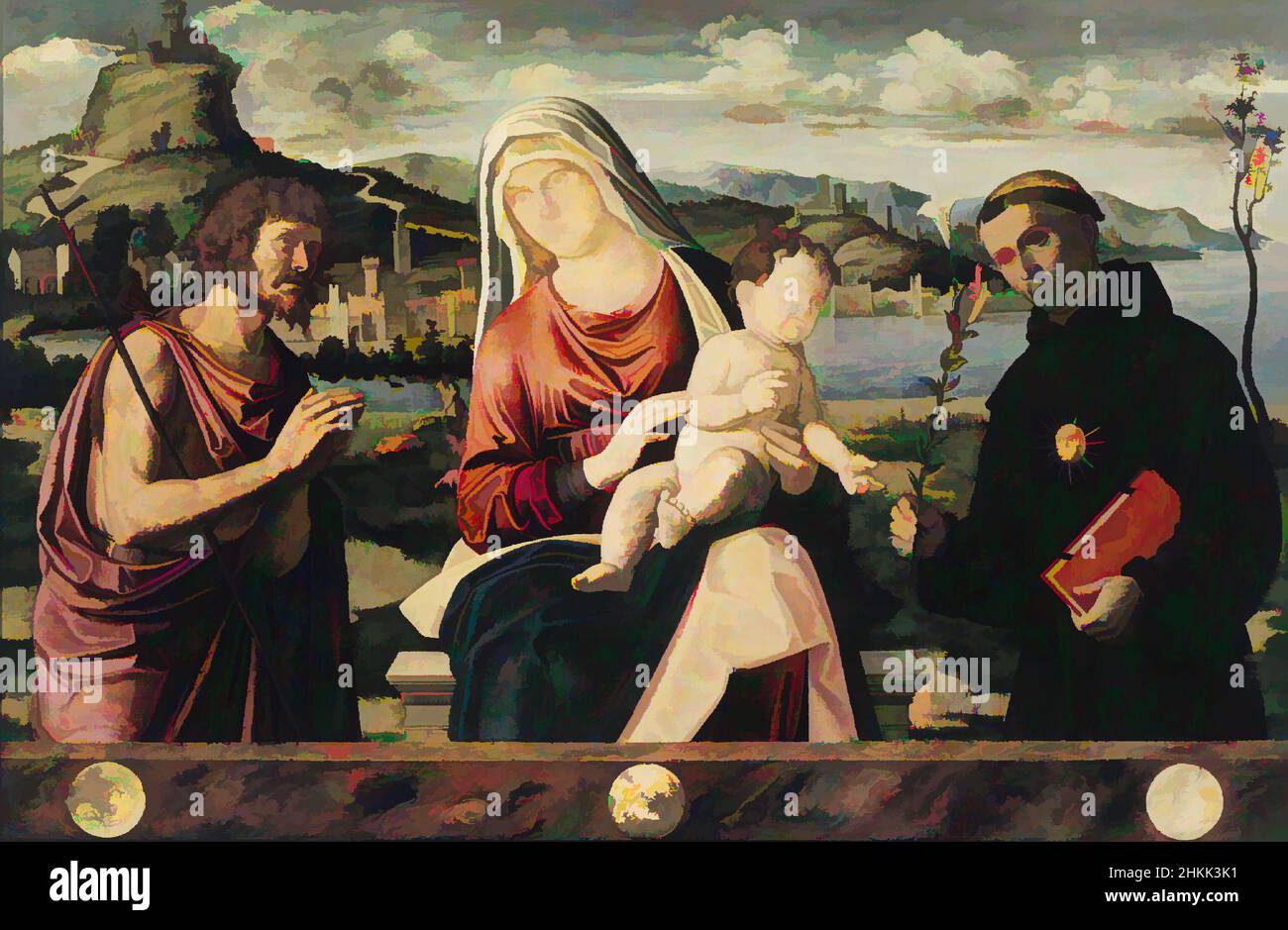Art inspired by Madonna and Child with Saints John the Baptist and Nicholas of Tolentino, Tempera and oil on poplar panel, early 1500s, 28 3/8 x 43 3/4 in., 72.1 x 111.1 cm, x-ray, Classic works modernized by Artotop with a splash of modernity. Shapes, color and value, eye-catching visual impact on art. Emotions through freedom of artworks in a contemporary way. A timeless message pursuing a wildly creative new direction. Artists turning to the digital medium and creating the Artotop NFT Stock Photo