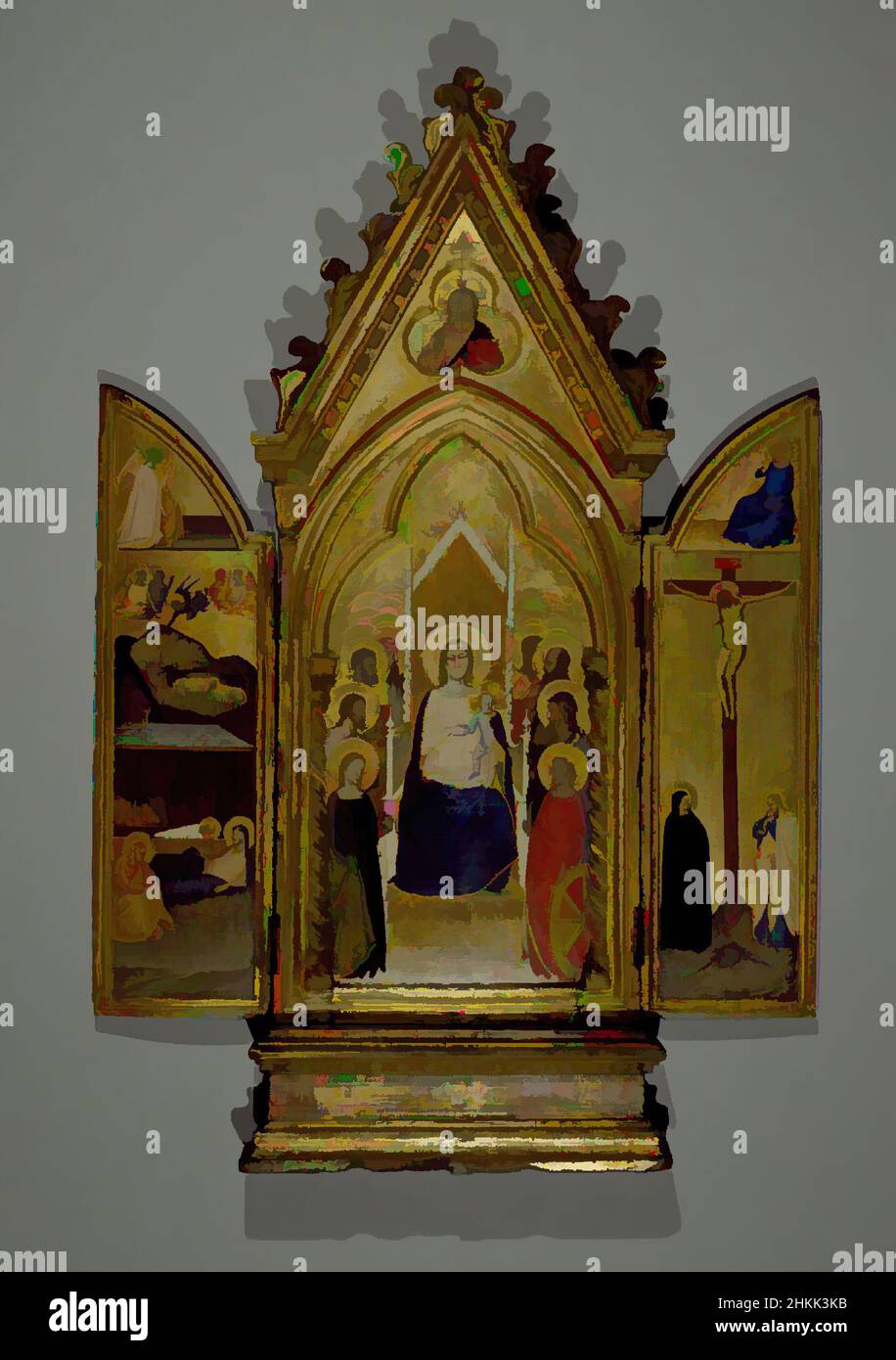 Art inspired by Triptych: Madonna with Saints and Christ Blessing, Center; The Nativity and the Annunciate Angel, Left Wing; Crucifixion and the Virgin Annunciate, Right Wing, Maso di Banco, Italian, Florentine School, 1341-1346, Tempera and tooled gold on poplar panel in original, Classic works modernized by Artotop with a splash of modernity. Shapes, color and value, eye-catching visual impact on art. Emotions through freedom of artworks in a contemporary way. A timeless message pursuing a wildly creative new direction. Artists turning to the digital medium and creating the Artotop NFT Stock Photo