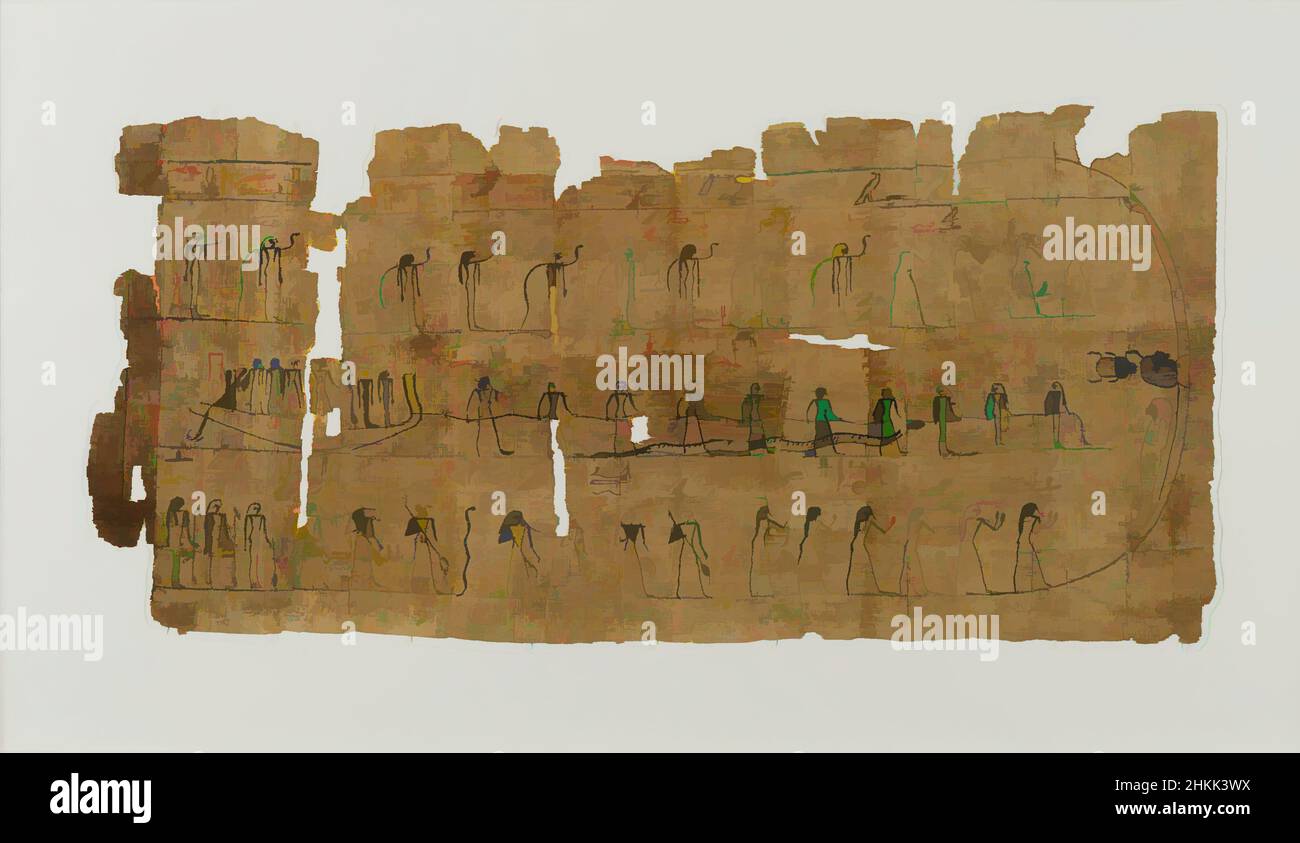 Art inspired by Sheet from a Book of the Dead, Papyrus, ink, ca. 1075-945 B.C.E., Dynasty 21, Third Intermediate Period, Sheet: 9 1/2 x 20 in., 24.1 x 50.8 cm, 1075-945 B.C.E., afterlife, Amduat, boat, Book of Dead, Book of the Dead, Ceremonial Implements, chaos, death, document, Classic works modernized by Artotop with a splash of modernity. Shapes, color and value, eye-catching visual impact on art. Emotions through freedom of artworks in a contemporary way. A timeless message pursuing a wildly creative new direction. Artists turning to the digital medium and creating the Artotop NFT Stock Photo