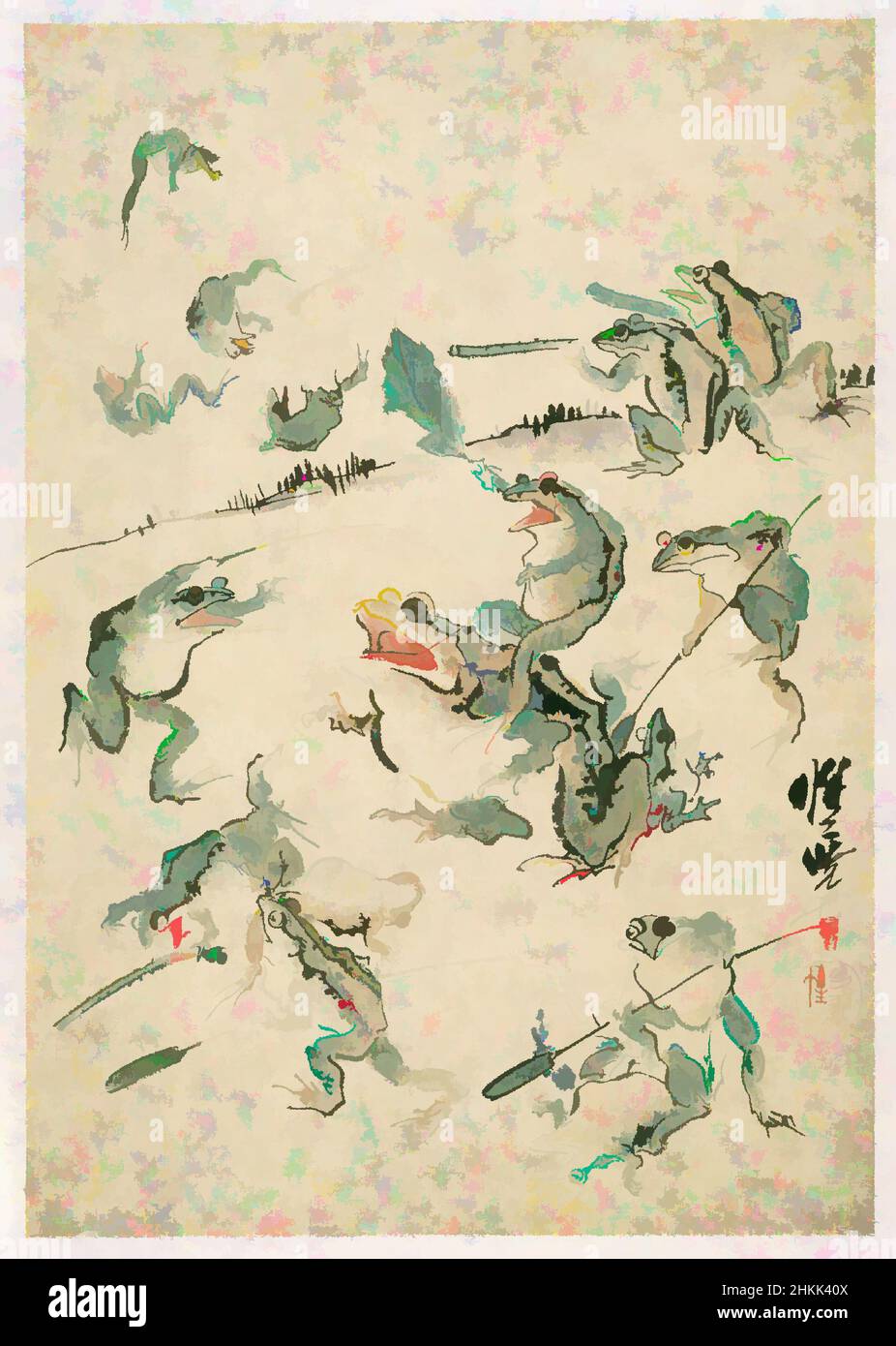Art inspired by Sketch, Kawanabe Kyosai, Japanese, 1831-1889, Ink, paper, Japan, 19th century, Meiji Period, Sheet: 17 13/16 x 13 9/16 in., 45.2 x 34.5 cm, allegory, fable, frogs, Kawanabe Kyosai, symbolism, Classic works modernized by Artotop with a splash of modernity. Shapes, color and value, eye-catching visual impact on art. Emotions through freedom of artworks in a contemporary way. A timeless message pursuing a wildly creative new direction. Artists turning to the digital medium and creating the Artotop NFT Stock Photo