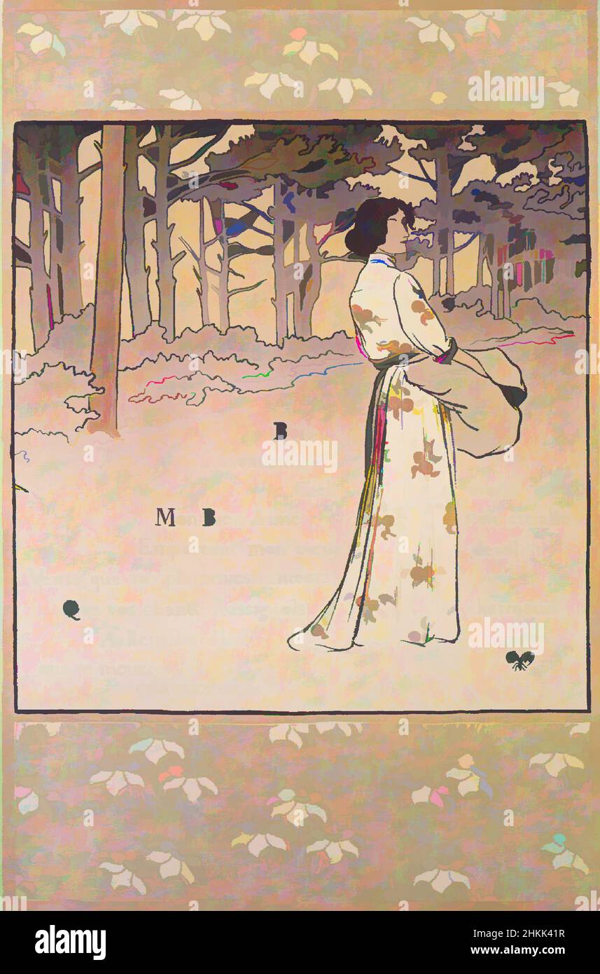 Art inspired by Trembling Woods, Bois frissonants, Georges Auriol, French, 1861-1938, Lithograph in colors, France, 1893, female beauty, Japonisme, love poem, Nabis, pensive, poem, stroll, Classic works modernized by Artotop with a splash of modernity. Shapes, color and value, eye-catching visual impact on art. Emotions through freedom of artworks in a contemporary way. A timeless message pursuing a wildly creative new direction. Artists turning to the digital medium and creating the Artotop NFT Stock Photo