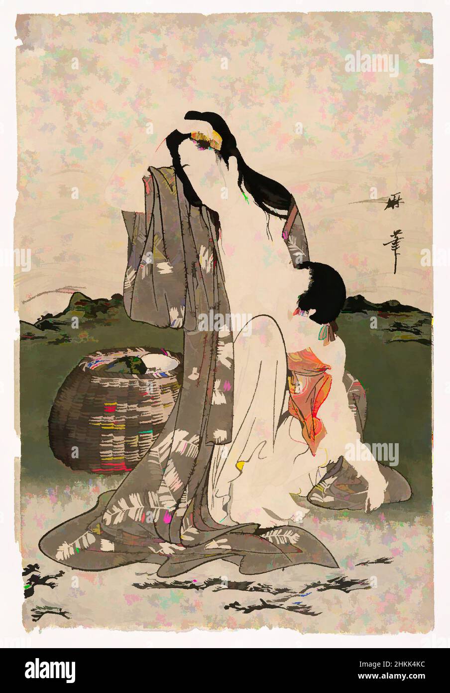 Art inspired by Abalone Divers, Kitagawa Utamaro, Japanese, 1753-1806, Color woodblock print on paper, Japan, ca. 1797-1798, Edo Period, 14 1/2 x 9 3/4 in., 36.8 x 24.8 cm, basket, breastfeeding, comb, intimate, mother and child, People, Classic works modernized by Artotop with a splash of modernity. Shapes, color and value, eye-catching visual impact on art. Emotions through freedom of artworks in a contemporary way. A timeless message pursuing a wildly creative new direction. Artists turning to the digital medium and creating the Artotop NFT Stock Photo