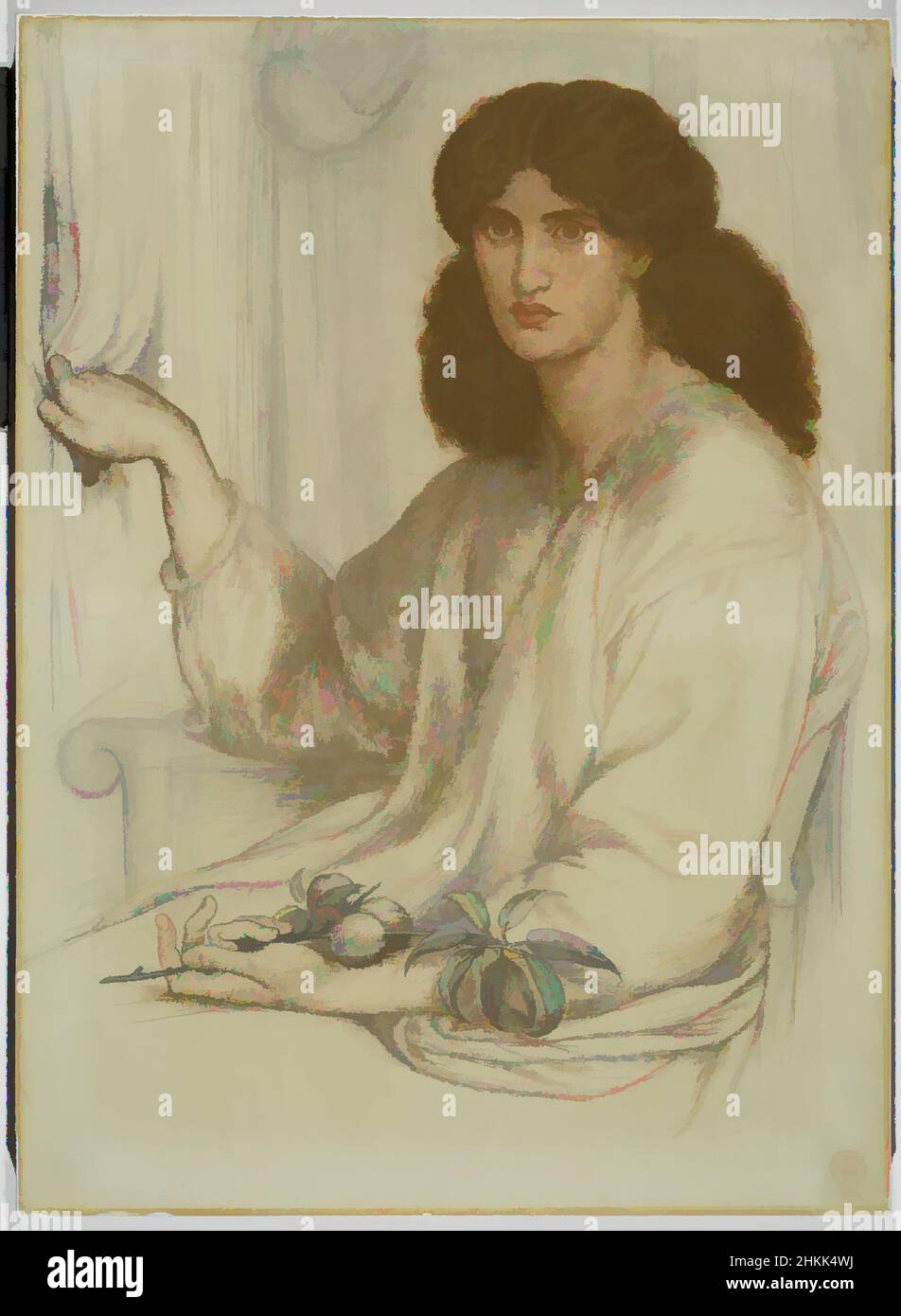 Art inspired by Silence, Dante Gabriel Rossetti, British, 1828-1882, Dry pigment, pastel or chalk on two sheets of joined wove paper, England, 1870, 41 7/8 x 30 3/8 in., 106.4 x 77.2 cm, drapes, Flower, hair, pensive, portraits, pre-Raphaelite, waves, woman, Classic works modernized by Artotop with a splash of modernity. Shapes, color and value, eye-catching visual impact on art. Emotions through freedom of artworks in a contemporary way. A timeless message pursuing a wildly creative new direction. Artists turning to the digital medium and creating the Artotop NFT Stock Photo