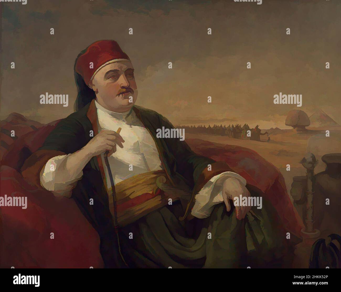 Art inspired by Portrait of Henry Abbott, Thomas Hicks, American, 1823-1890, Oil on canvas, ca. 1861, 39 3/4 x 50 1/4 in., 101 x 127.6 cm, fez, man smoking, Mason, Masonic costume, Orientalism, reclining figure, Classic works modernized by Artotop with a splash of modernity. Shapes, color and value, eye-catching visual impact on art. Emotions through freedom of artworks in a contemporary way. A timeless message pursuing a wildly creative new direction. Artists turning to the digital medium and creating the Artotop NFT Stock Photo
