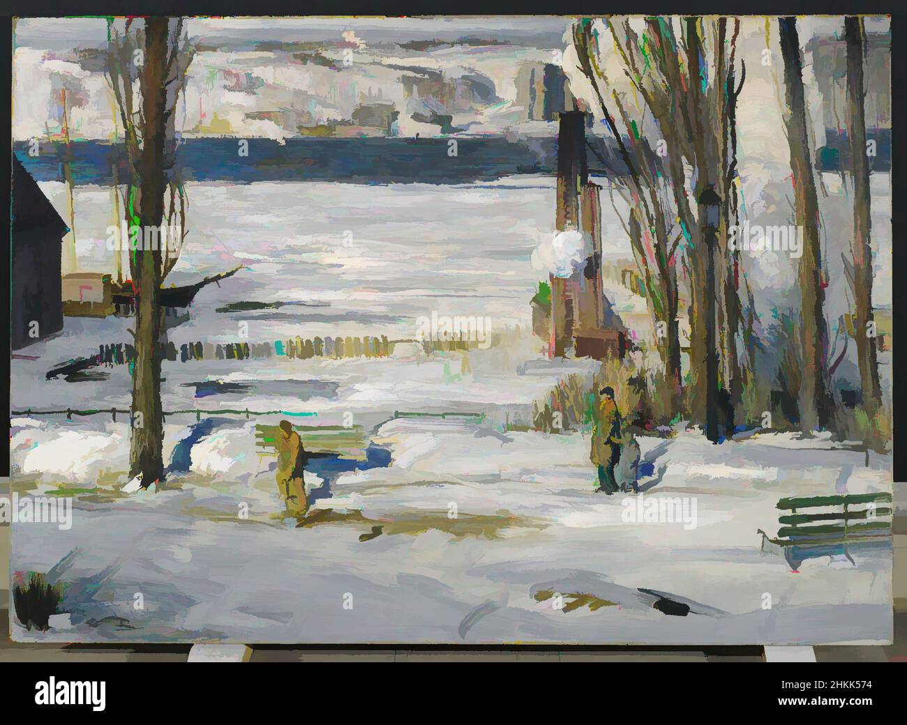 Art inspired by A Morning Snow--Hudson River, George Wesley Bellows, American, 1882-1925, Oil on canvas, 1910, 45 1/16 x 63 3/16 in., 114.5 x 160.5 cm, A morning snow - Hudson River, American, American artist, American painting, American realism, Ashcan School, Bellows, bench, benches, Classic works modernized by Artotop with a splash of modernity. Shapes, color and value, eye-catching visual impact on art. Emotions through freedom of artworks in a contemporary way. A timeless message pursuing a wildly creative new direction. Artists turning to the digital medium and creating the Artotop NFT Stock Photo