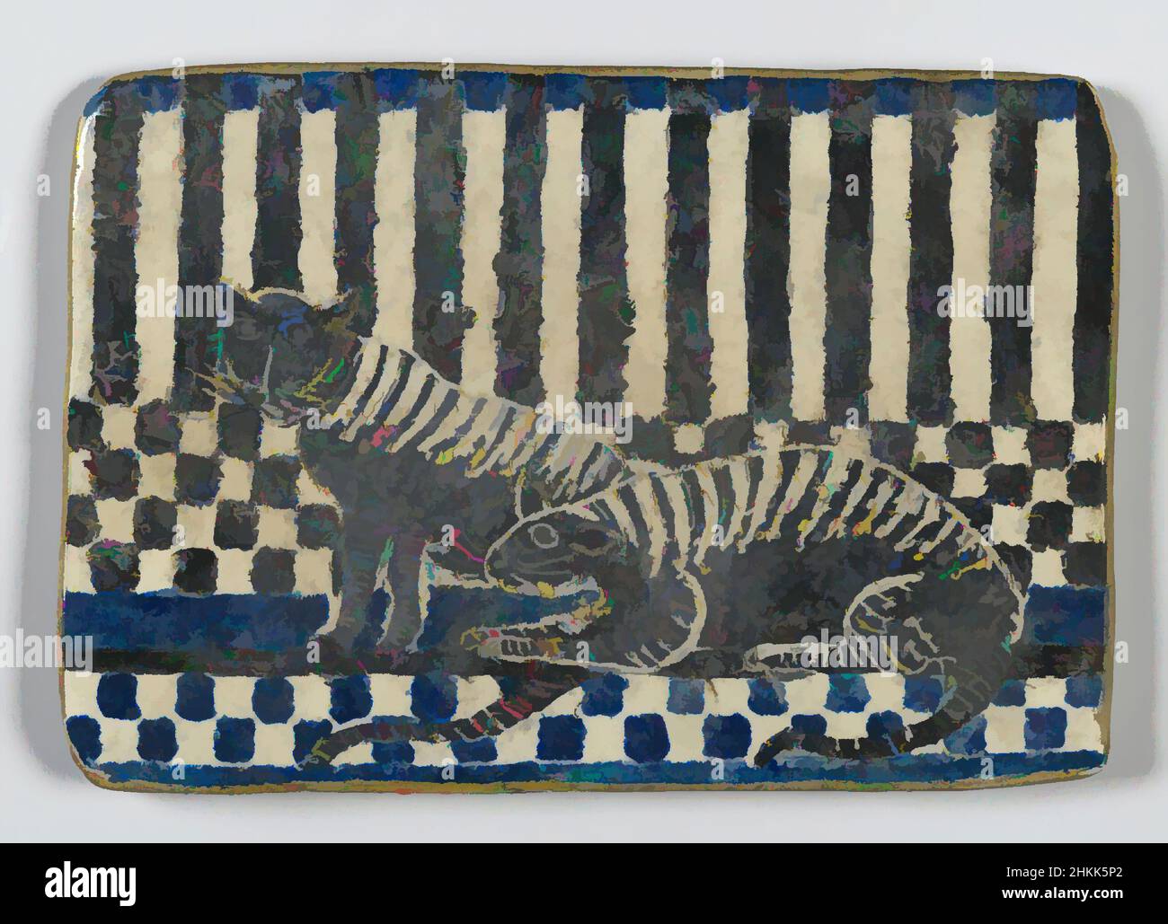 Art inspired by Tile, Glazed earthenware, United States, 19th century, 5 7/8 x 4 in., 14.9 x 10.2 cm, 19th century animal art, animals, black, black cat, blue, blue and white, caged, cat, cats, checker, earthenware, glazed, Glazed tile with animals, stripped, tigers, Tile, Classic works modernized by Artotop with a splash of modernity. Shapes, color and value, eye-catching visual impact on art. Emotions through freedom of artworks in a contemporary way. A timeless message pursuing a wildly creative new direction. Artists turning to the digital medium and creating the Artotop NFT Stock Photo