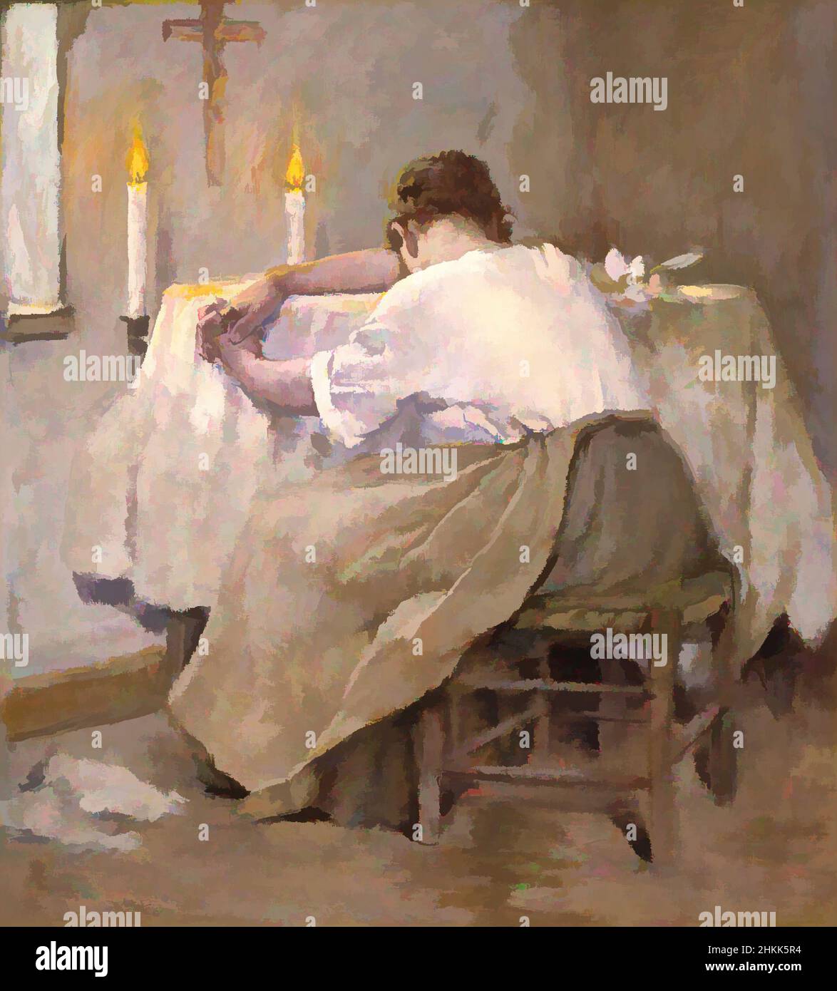 Art inspired by Her First Born, Robert Reid, American, 1862-1929, Oil on canvas, 1888, 37 x 33 5/8 in., 94 x 85.4 cm, 1888, American, American art, American Painting, apron, baby, candles, child, crib, cross, crucifix, crying, death, female, figure, infant, interior, mother, mourning, Classic works modernized by Artotop with a splash of modernity. Shapes, color and value, eye-catching visual impact on art. Emotions through freedom of artworks in a contemporary way. A timeless message pursuing a wildly creative new direction. Artists turning to the digital medium and creating the Artotop NFT Stock Photo