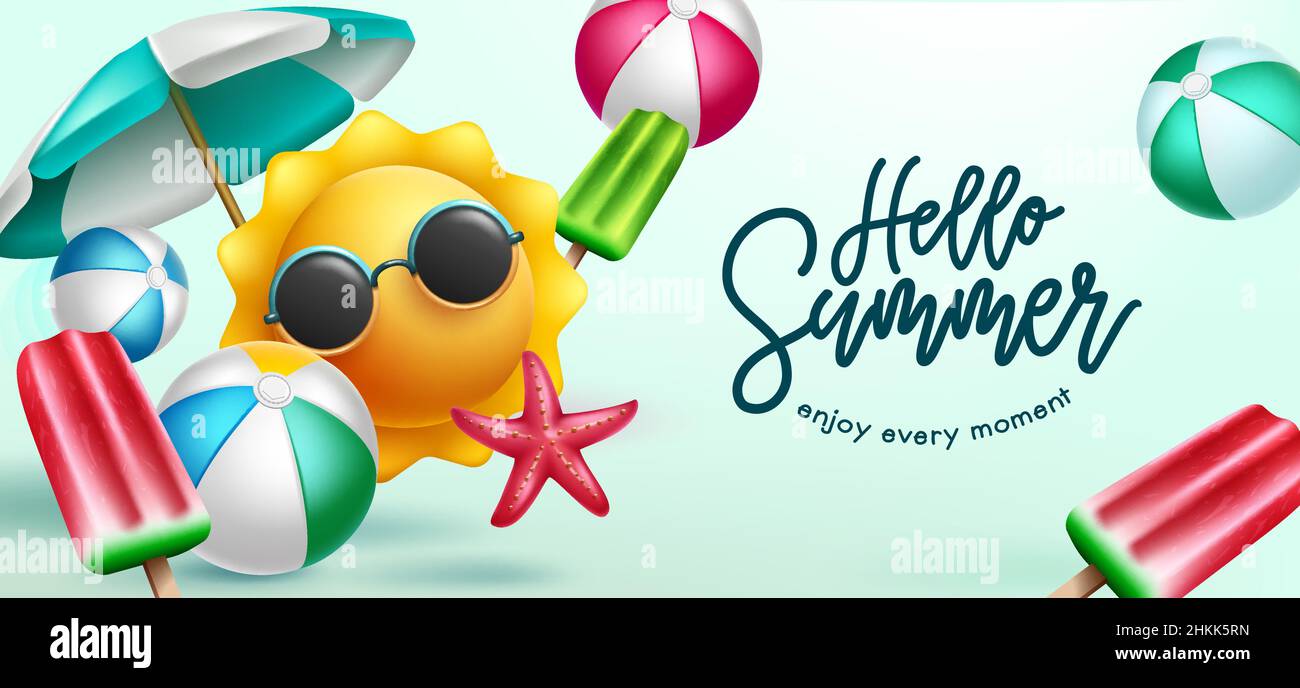 Summer holidays vector background design. Hello summer text in with sun emoji character and tropical season objects for enjoy holiday season vacation. Stock Vector