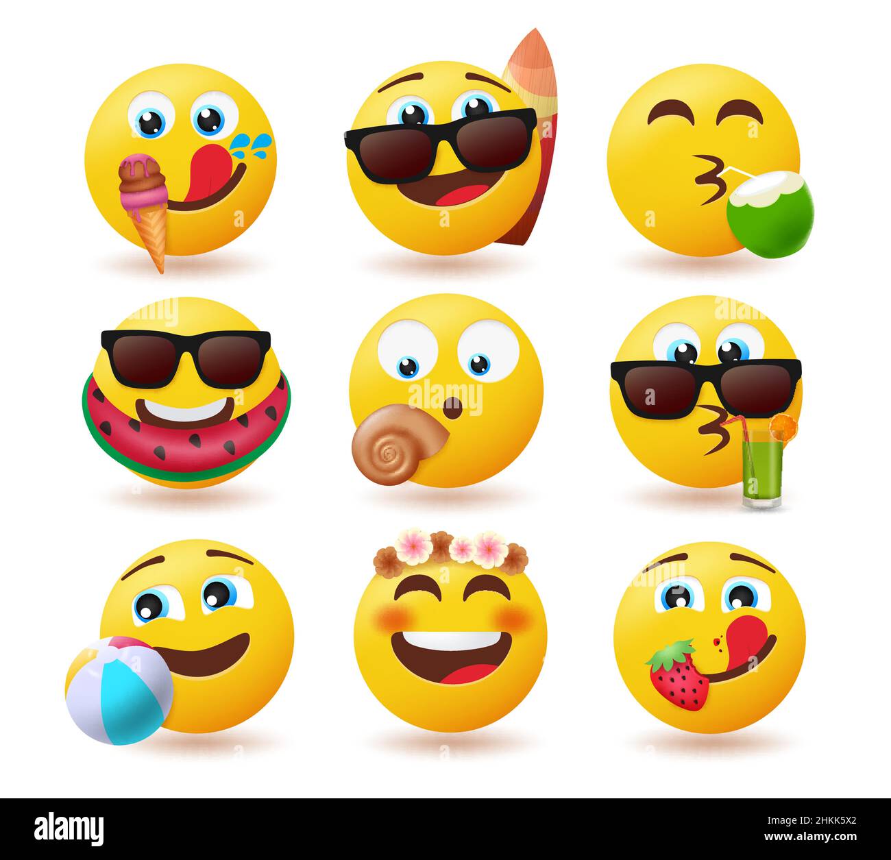 Emoji summer emoticon vector set. Emojis characters with summer elements of juice, fruits and floater for tropical season cute emoticons collection. Stock Vector