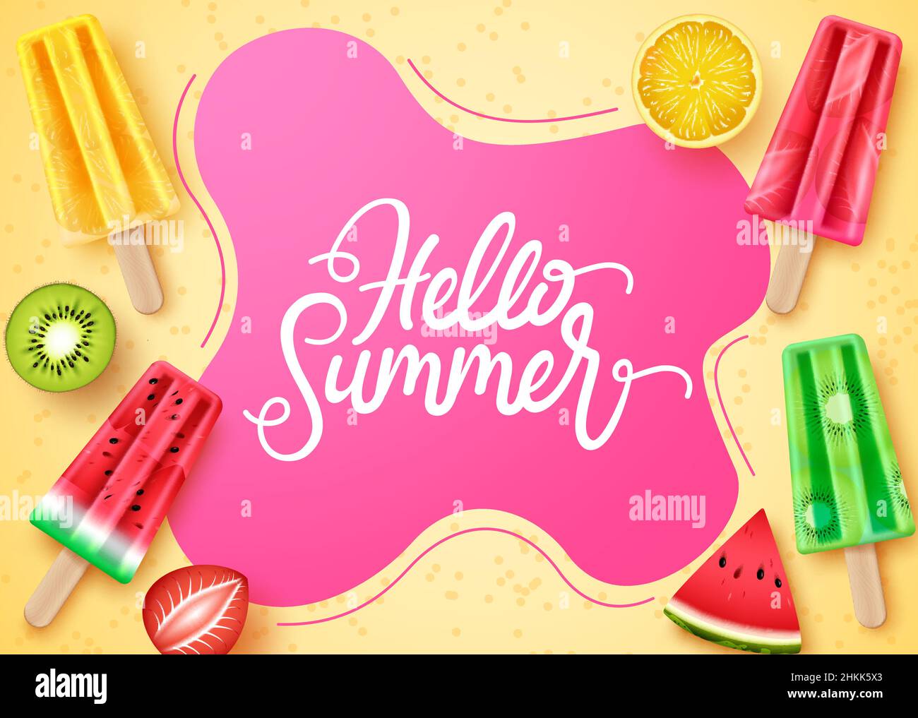 Summer greeting vector template design. Hello summer text in beach sand with popsicles dessert and fruits elements for relax and enjoy tropical. Stock Vector