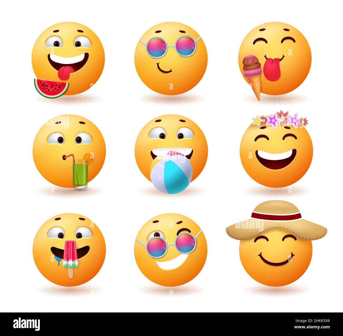 Summer emoji vector set design. Emojis emoticon in funny and cute faces with summer vacation objects for tropical season emoticons character. Stock Vector