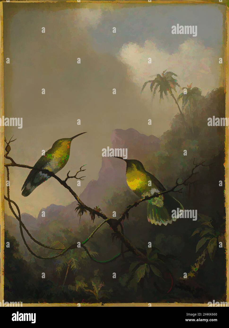 Art inspired by Two Humming Birds: 'Copper-tailed Amazili', Martin Johnson Heade, American, 1819-1904, Oil on canvas, ca.1865-1875, 11 9/16 x 8 7/16 in., 29.3 x 21.5 cm, American Painting, animal, birds, branches, clouds, Copper-tailed Amzaiii, humming birds, hummingbirds, Johnson Heade, Classic works modernized by Artotop with a splash of modernity. Shapes, color and value, eye-catching visual impact on art. Emotions through freedom of artworks in a contemporary way. A timeless message pursuing a wildly creative new direction. Artists turning to the digital medium and creating the Artotop NFT Stock Photo
