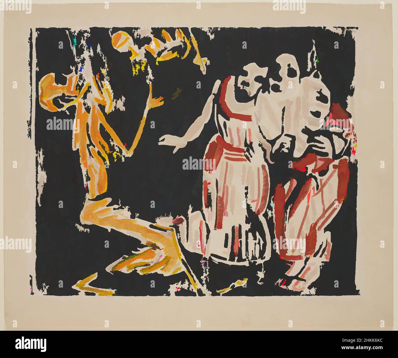 Art inspired by Death as Juggler, Revolution, Tod als Jongleur [Revolution], Christian Rohlfs, German, 1849-1939, Color woodcut in yellow, red, and black on heavy wove paper, Germany, 1918-1919, Image: 14 3/8 x 18 1/4 in., 36.5 x 46.4 cm, fear, scary, skeleton, spooky, Classic works modernized by Artotop with a splash of modernity. Shapes, color and value, eye-catching visual impact on art. Emotions through freedom of artworks in a contemporary way. A timeless message pursuing a wildly creative new direction. Artists turning to the digital medium and creating the Artotop NFT Stock Photo