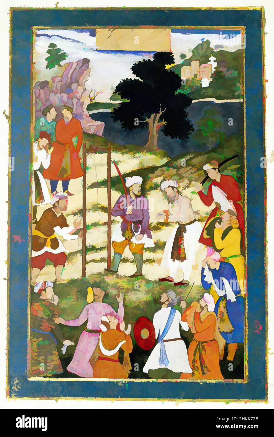 Art inspired by The Execution of Mansur Hallaj, from the Warren Hastings Album, Indian, Opaque watercolor on paper, 1600-1605, Mughal, Reign of Akbar, Sheet: 15 1/4 x 11 3/16 in., 38.7 x 28.4 cm, Akbar, Allahabad, crowd, event, Execution, gallows, Hanging, history, Justice, killer, Classic works modernized by Artotop with a splash of modernity. Shapes, color and value, eye-catching visual impact on art. Emotions through freedom of artworks in a contemporary way. A timeless message pursuing a wildly creative new direction. Artists turning to the digital medium and creating the Artotop NFT Stock Photo