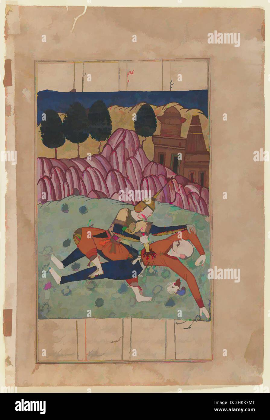 Art inspired by Foroud Slays a Foe, Leaf from a Dispersed Shah-nama Series, Indian, Opaque watercolor and gold on paper, Northern region, India, late 16th century, Mughal, sheet: 10 5/8 x 7 1/4 in., 27.0 x 18.4 cm, 16th century, Foroud, Gold, Indian, Leaf, Manuscript, Mughal School, Classic works modernized by Artotop with a splash of modernity. Shapes, color and value, eye-catching visual impact on art. Emotions through freedom of artworks in a contemporary way. A timeless message pursuing a wildly creative new direction. Artists turning to the digital medium and creating the Artotop NFT Stock Photo