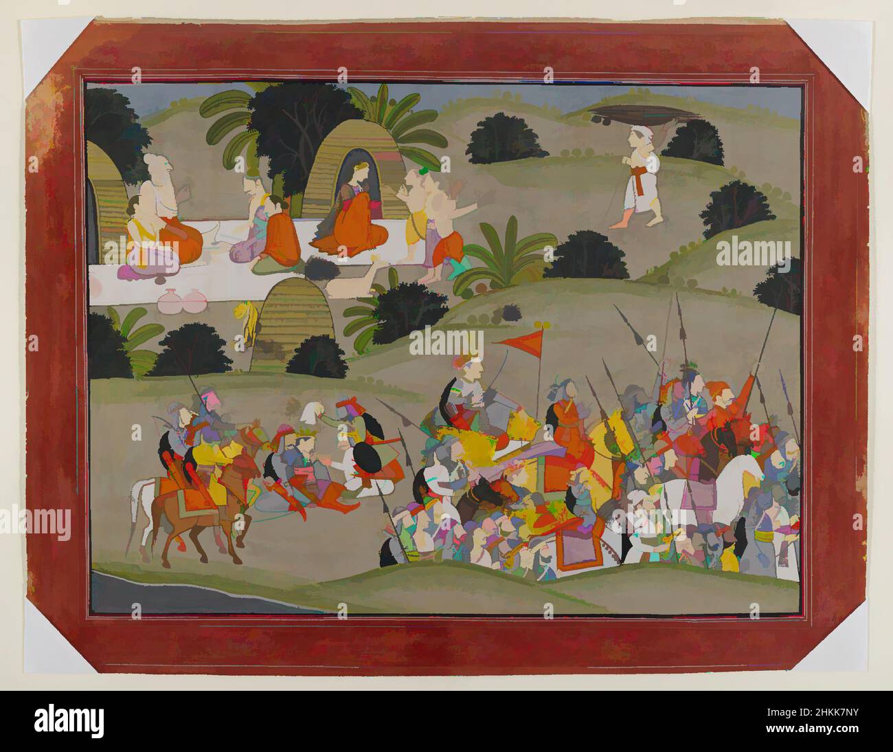 Art inspired by Battle between Lava and Rama's brother, Shatrughna, near the hermitage of Valmiki, Page from a Dispersed Ramayana Series, Indian, Opaque watercolor and gold on paper, Punjab Hills, India, ca. 1820, sheet: 13 1/4 x 17 1/4 in., 33.7 x 43.8 cm, Animals, Chariot, Eastern, Classic works modernized by Artotop with a splash of modernity. Shapes, color and value, eye-catching visual impact on art. Emotions through freedom of artworks in a contemporary way. A timeless message pursuing a wildly creative new direction. Artists turning to the digital medium and creating the Artotop NFT Stock Photo