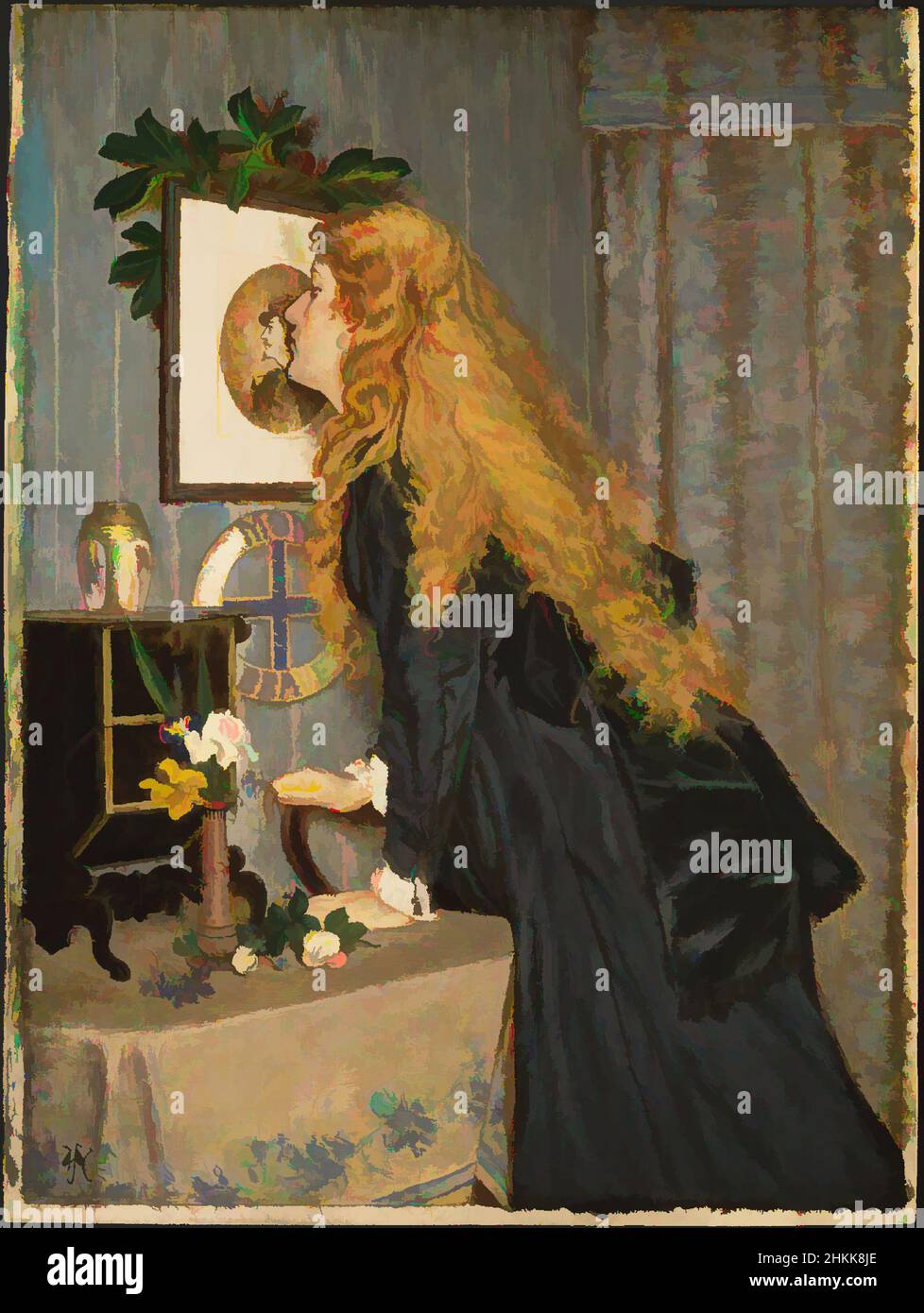 Art inspired by Mon Brave, William John Hennessy, American, 1839-1917, Oil on board, 1870, 11 15/16 x 8 15/16 in., 30.4 x 22.7 cm, 1870, Black, black dress, blond hair, blonde, bows, curls, dresser, Female Figure, flowers, hair, Interior, kiss, love, Oil on board, painting, shrine, Classic works modernized by Artotop with a splash of modernity. Shapes, color and value, eye-catching visual impact on art. Emotions through freedom of artworks in a contemporary way. A timeless message pursuing a wildly creative new direction. Artists turning to the digital medium and creating the Artotop NFT Stock Photo