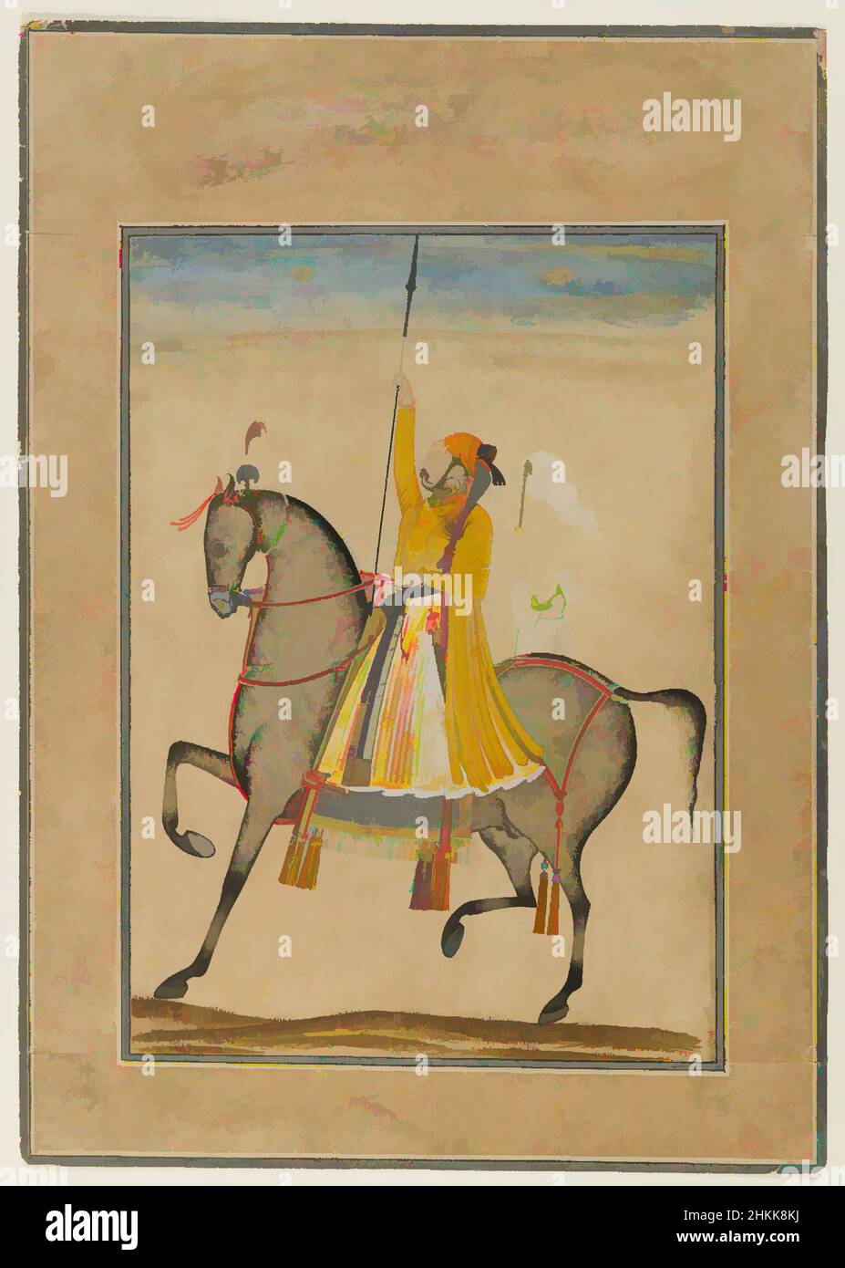 Art inspired by Equestrian Portrait of Maharaja Sujan Singh of Bikaner, Kasam, Son of Muhammad, Opaque watercolor, silver, and gold on paper, Rajasthan, India, ca. 1747, sheet: 11 1/2 x 8 1/8 in., 29.2 x 20.6 cm, Bikaner, Gold, horse, Kasam, Maharaja Sujan Singh, Paper, Portrait, Classic works modernized by Artotop with a splash of modernity. Shapes, color and value, eye-catching visual impact on art. Emotions through freedom of artworks in a contemporary way. A timeless message pursuing a wildly creative new direction. Artists turning to the digital medium and creating the Artotop NFT Stock Photo