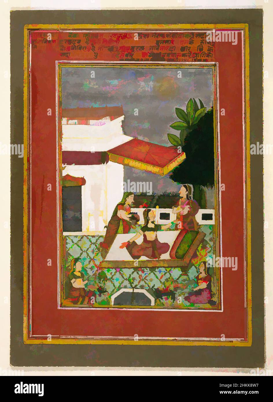 Art inspired by Radha manifesting the effect of love's separation from Krishna, page from a Rasikapriya series of Keshavadasa, Kasam Ahmad, Opaque watercolor, gold, and silver on paper, Rajasthan, India, 1749, sheet: 10 1/4 x 7 5/16 in., 26.0 x 18.6 cm, Asian, Bikaner, Chauguno, gold, Classic works modernized by Artotop with a splash of modernity. Shapes, color and value, eye-catching visual impact on art. Emotions through freedom of artworks in a contemporary way. A timeless message pursuing a wildly creative new direction. Artists turning to the digital medium and creating the Artotop NFT Stock Photo