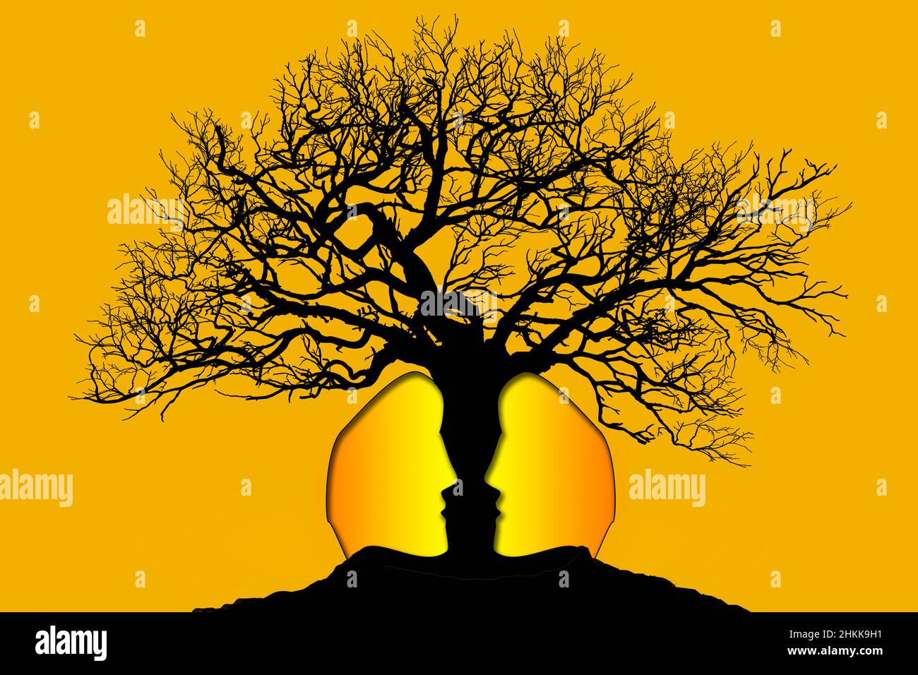 Human faces and tree silhouette, 3d rendering Stock Photo - Alamy