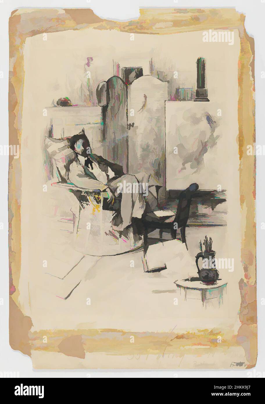 Art inspired by Self-Portrait in Studio, Thomas Fogarty, American, 1873-1938, Graphite and ink wash with touches of Chinese white on paper mounted to paperboard, n.d., Sheet: 14 1/2 x 10 in., 36.8 x 25.4 cm, Classic works modernized by Artotop with a splash of modernity. Shapes, color and value, eye-catching visual impact on art. Emotions through freedom of artworks in a contemporary way. A timeless message pursuing a wildly creative new direction. Artists turning to the digital medium and creating the Artotop NFT Stock Photo