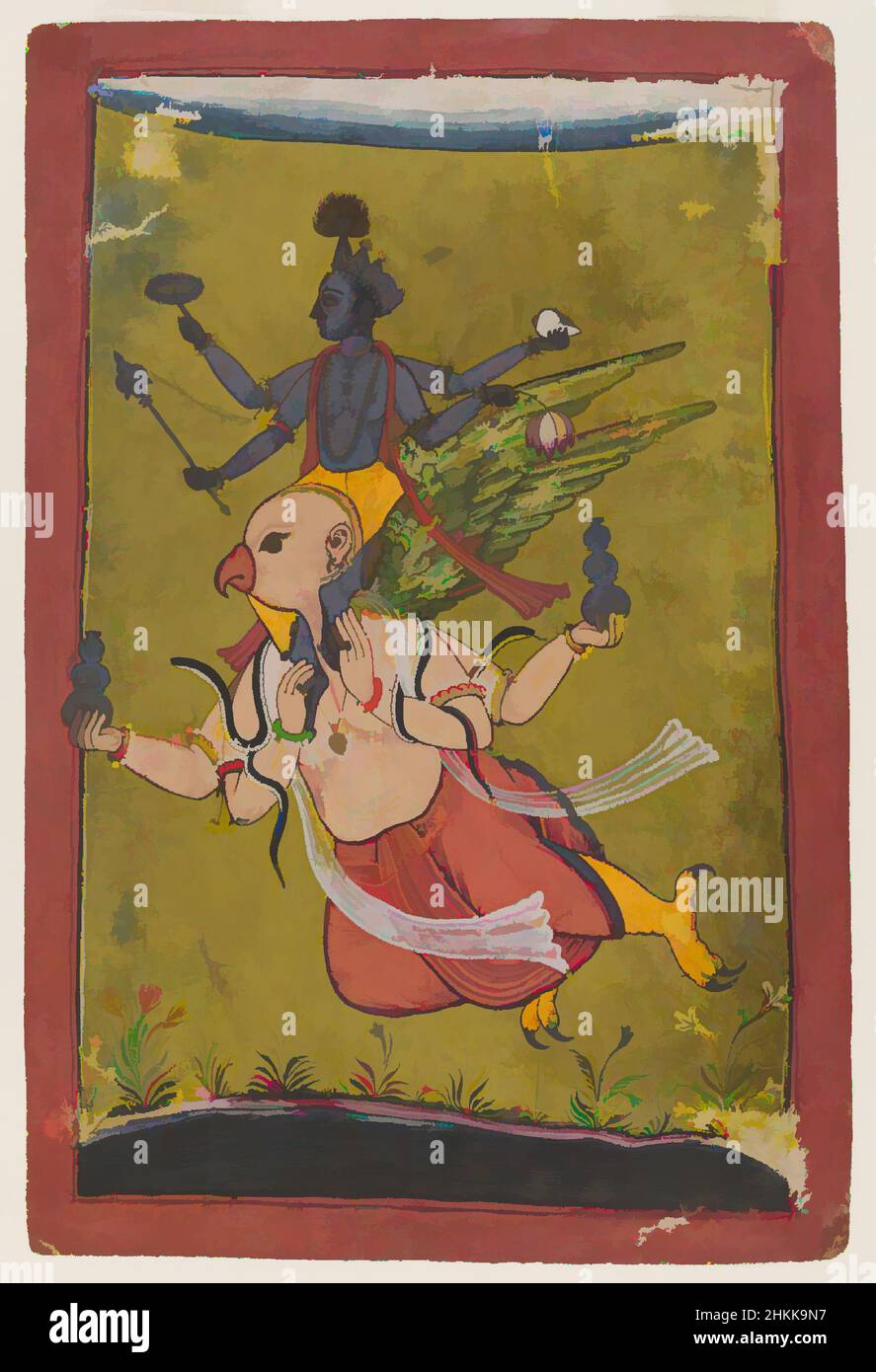 Art inspired by Vishnu on Garuda, Indian, Opaque watercolor, silver, and gold on paper, Punjab Hills, India, ca. 1725 or earlier, sheet: 8 11/16 x 5 3/4 in., 22.1 x 14.6 cm, Basohli, bhakti, Chakra, Conch, Discus, eagle, flying, Garuda, god, gold, India, Indian Art, Jewelry, Lotus, Mace, Classic works modernized by Artotop with a splash of modernity. Shapes, color and value, eye-catching visual impact on art. Emotions through freedom of artworks in a contemporary way. A timeless message pursuing a wildly creative new direction. Artists turning to the digital medium and creating the Artotop NFT Stock Photo