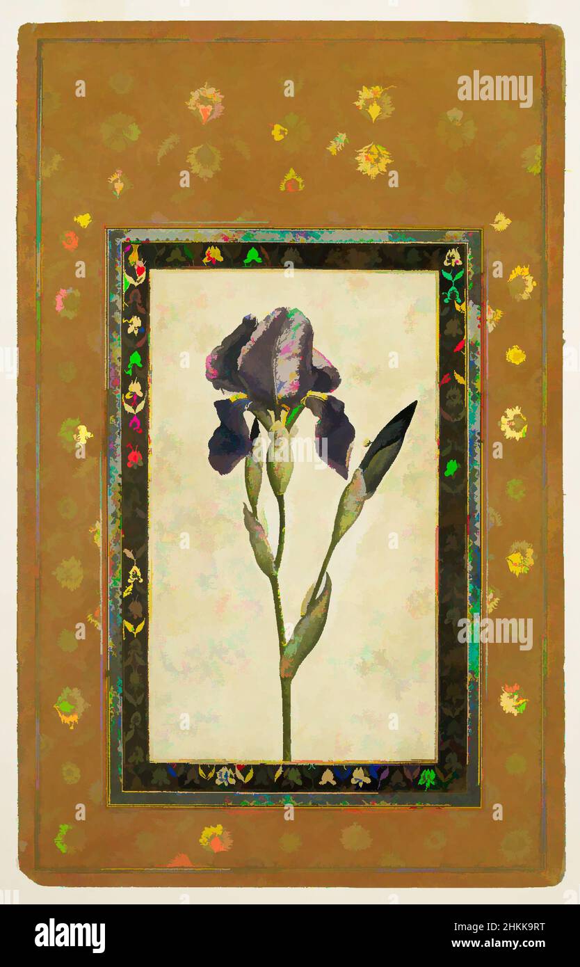 Art inspired by Blue Iris, Attributed to Muhammad Zaman, Persian, active 1649-1704, Ink, opaque watercolor on paper; gilded borders, Isfahan, Iran, A.H. 1074-1075/1663-1664 C.E., Safavid, Safavid, Sheet: 13 1/16 x 8 3/8 in., 33.2 x 21.3 cm, Asian art, blue, brown, catalogue, floral, Classic works modernized by Artotop with a splash of modernity. Shapes, color and value, eye-catching visual impact on art. Emotions through freedom of artworks in a contemporary way. A timeless message pursuing a wildly creative new direction. Artists turning to the digital medium and creating the Artotop NFT Stock Photo