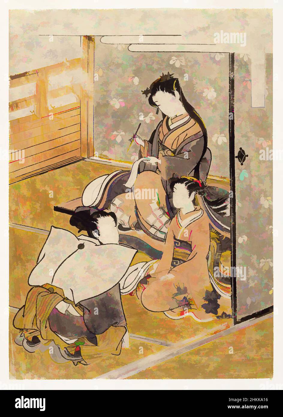 Art inspired by Young Woman with Youth and Young Attendant: Taifu, from Furyu Jinrin Juniso, From the series: Furyu Jinrin Ju-niso, Isoda Koryusai, Japanese, ca. 1766-1788, Color woodblock print on paper, Japan, late 18th century, Edo Period, 8 5/8 x 6 3/16 in., 21.9 x 15.7 cm, Classic works modernized by Artotop with a splash of modernity. Shapes, color and value, eye-catching visual impact on art. Emotions through freedom of artworks in a contemporary way. A timeless message pursuing a wildly creative new direction. Artists turning to the digital medium and creating the Artotop NFT Stock Photo